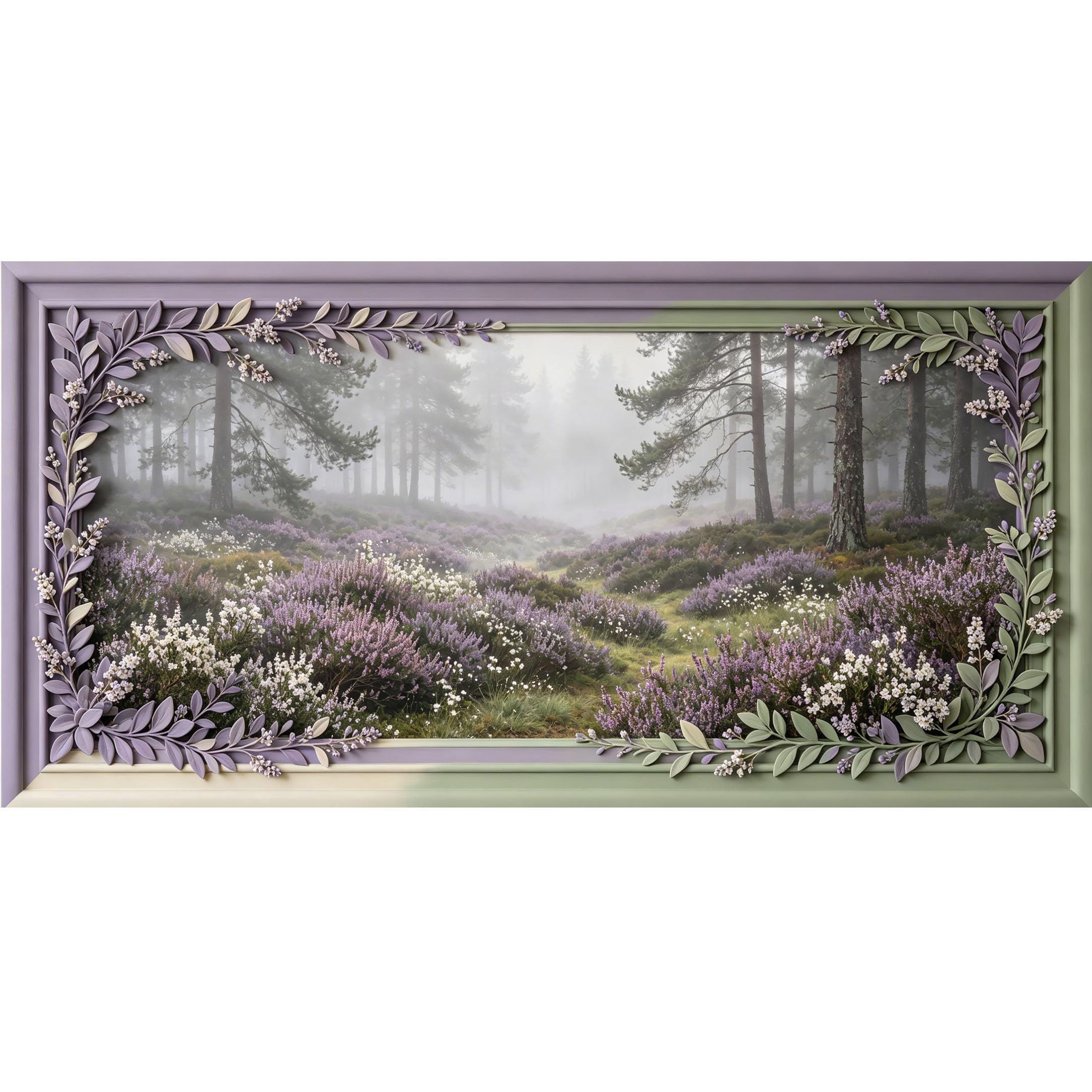Agglomerix 3D Framed Wall Art Misty Forest Purple Heather Floral Botanical Landscape Large Size SelfAdhesive Removable Wall Decor Prints Artwork for Living Room Bedroom Office