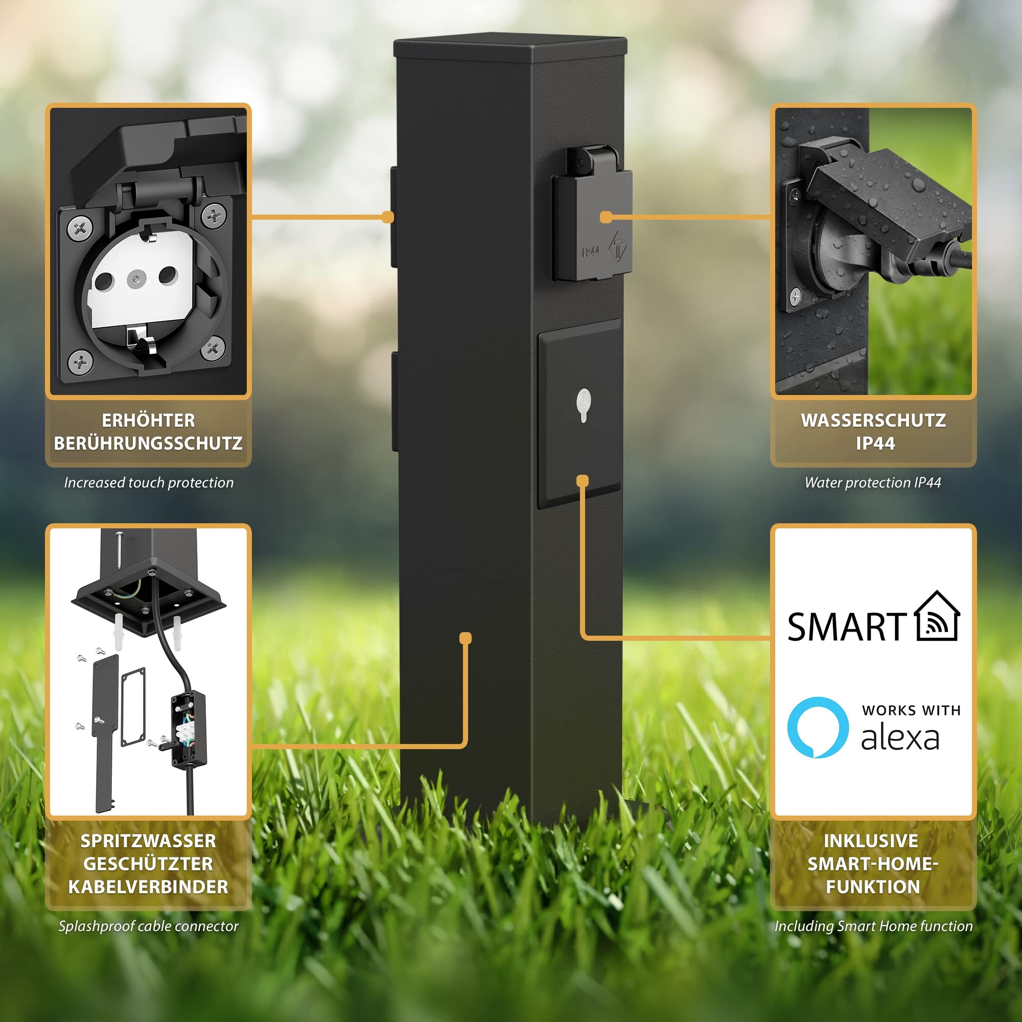 ledscom.de Enchufe de jardín Polly Negro con piqueta de Tierra y Cable de 2m para Exteriores, 3 vías, Smart Home, Acero Inoxidable, Cuadrado, 38cm