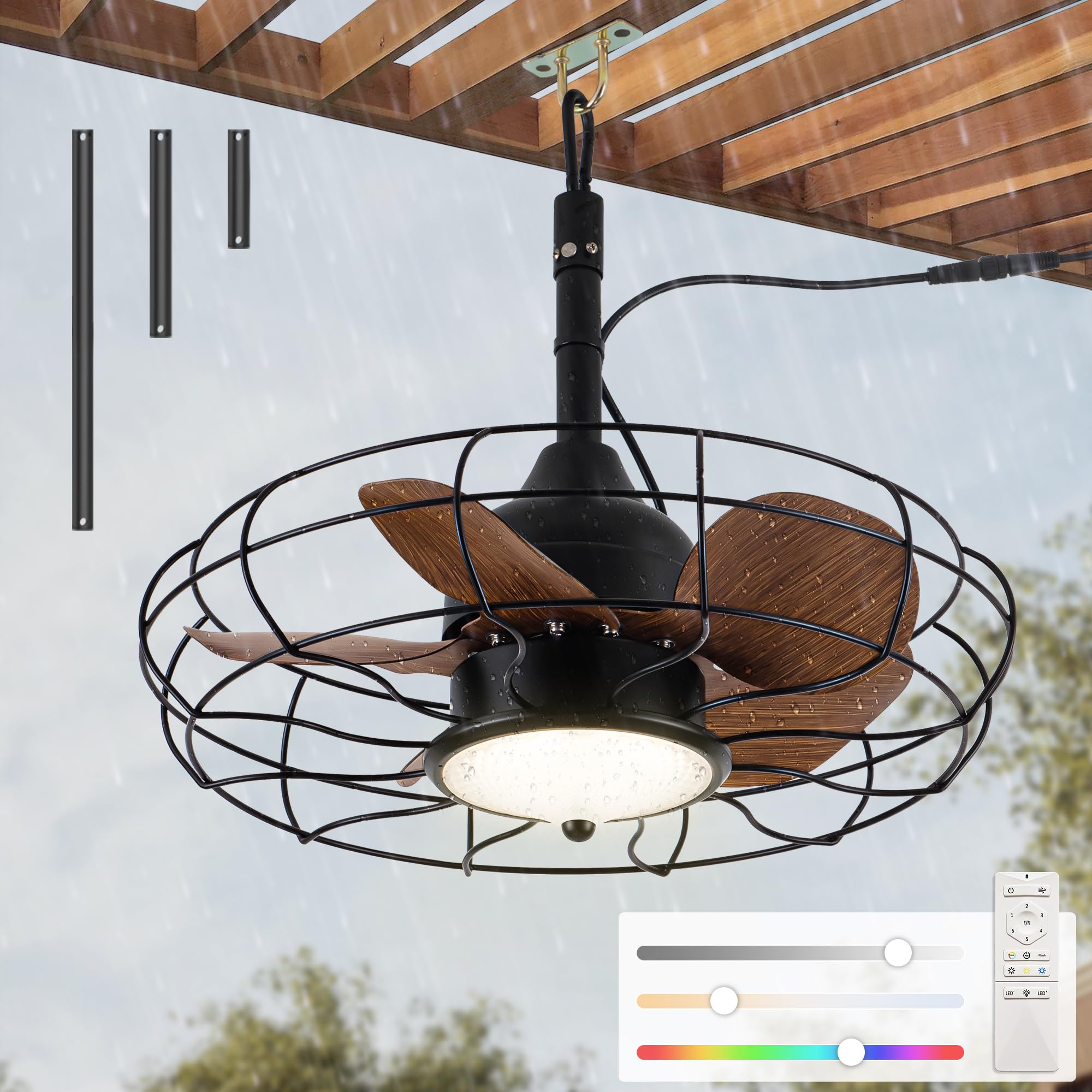Gazebo Ceiling Fan with Lights, 20'' RGB Outdoor Waterproof Plug In IP65 Fan, Wet Rated with Dual Lighting System with Remote, 7-Color RGB & 3-Color Dimmable LED, Easy Hanging with Hook for Patio