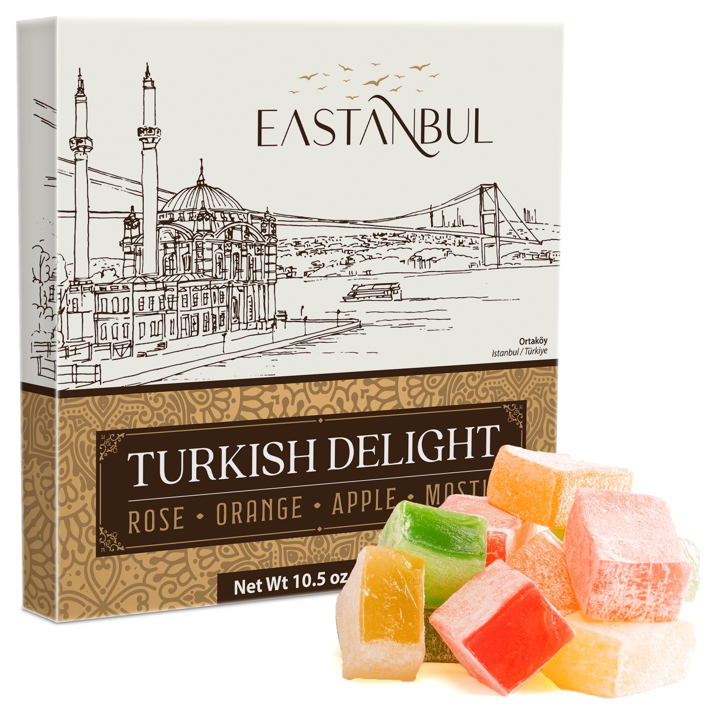Eastanbul Turkish Delight, 10.5oz, Turkish Delights Candy Assorted, Rose, Orange, Apple, Mastic Flavor, International Candy, Lokum, Plain, Gluten Free, No Synthetic Ingredient, Vegan