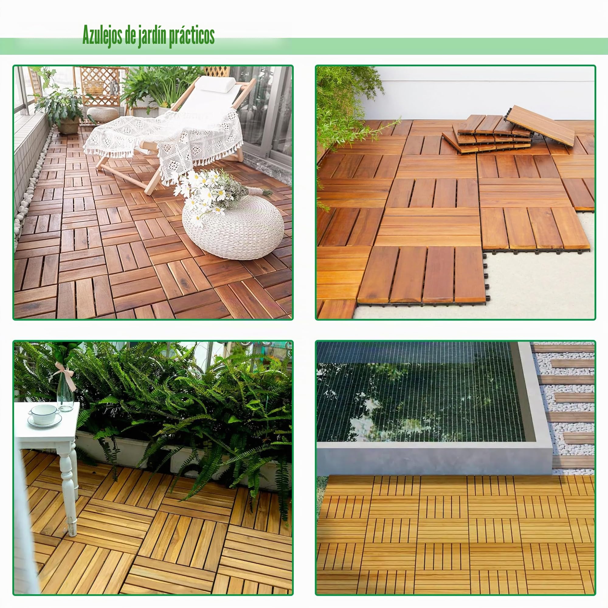 Baldosas de Madera de Acacia para Terraza 30x30cm Losetas Placas con Red de Drenaje de Plástico Resistentes a Intemperie Juego de 11 Revestimientos para Suelo de 1m² Exterior Balcón (Tipo B)