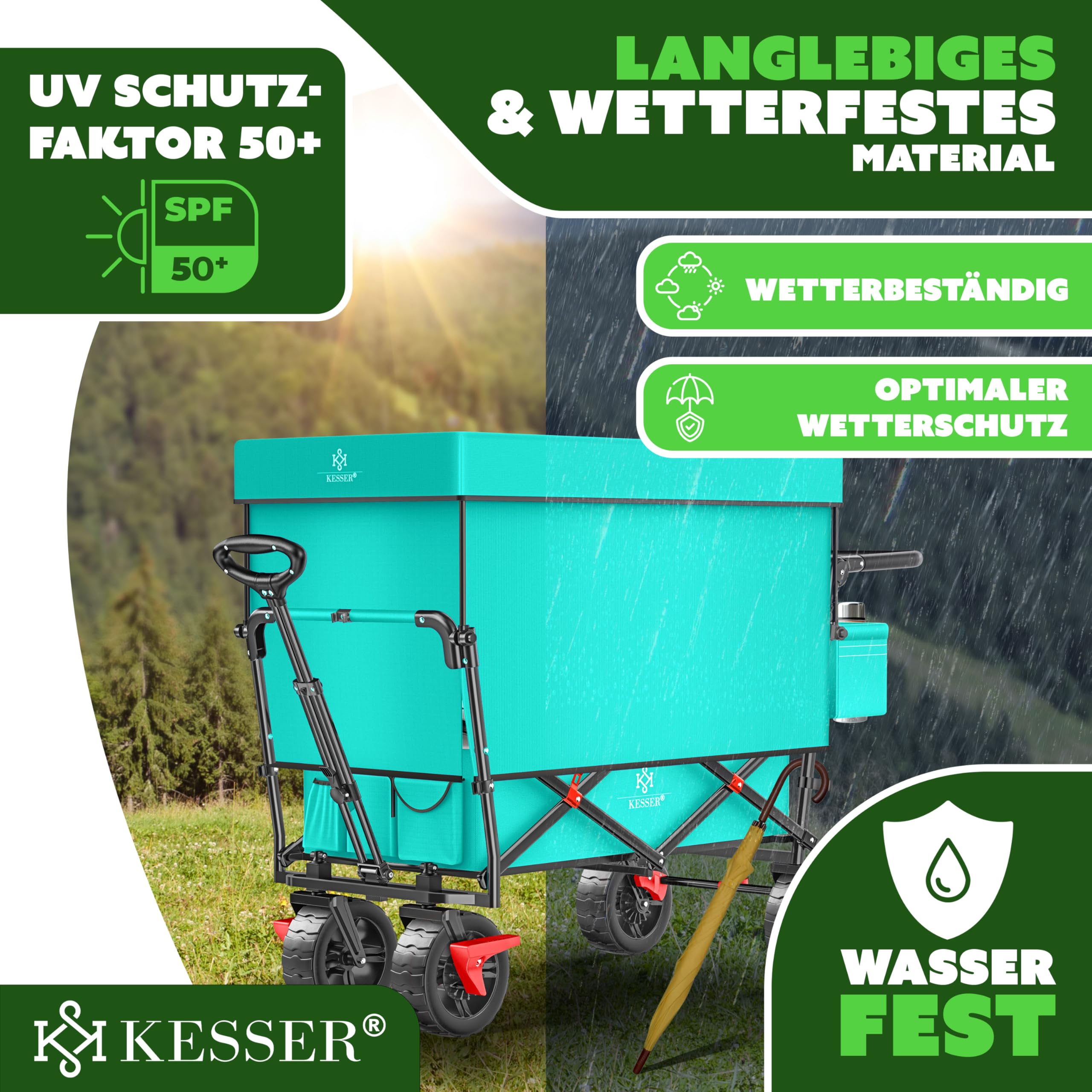 KESSER® Bollerwagen faltbar GT9000 Handwagen mit Dach | Transportwagen max. belastbar bis 150kg mit Hartgummi-Räder & Feststellbremsen (Vorne & Hinten) | Inkl. Schloss, Abdeckung, Wetter & Sichtschutz