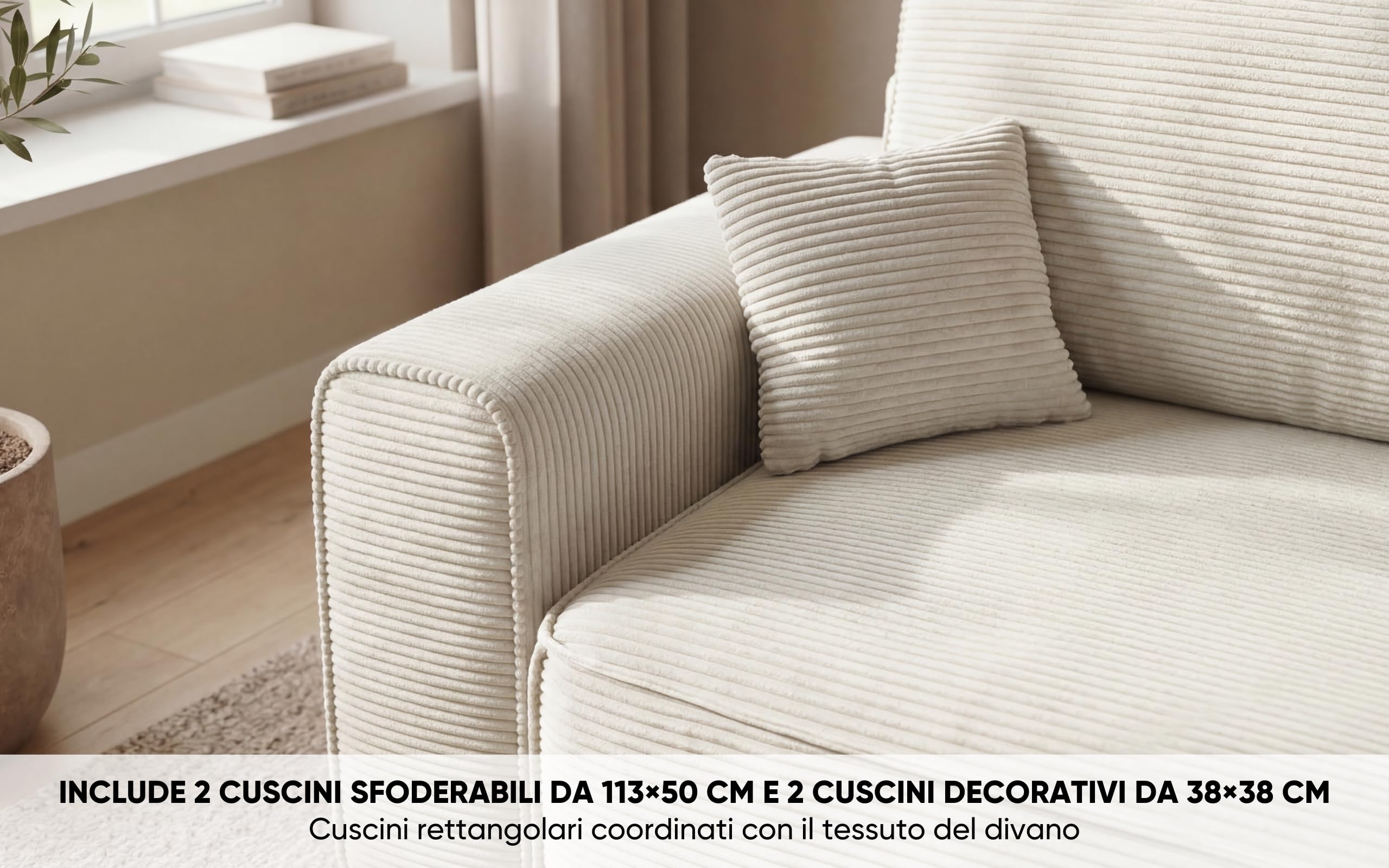 BUDWING Lauren Divano Letto 3 Posti – Chaise Longue Reversibile con Contenitore – Stile Moderno, Tessuto Resistente 380 g/m² – 269x158x96 cm – Beige