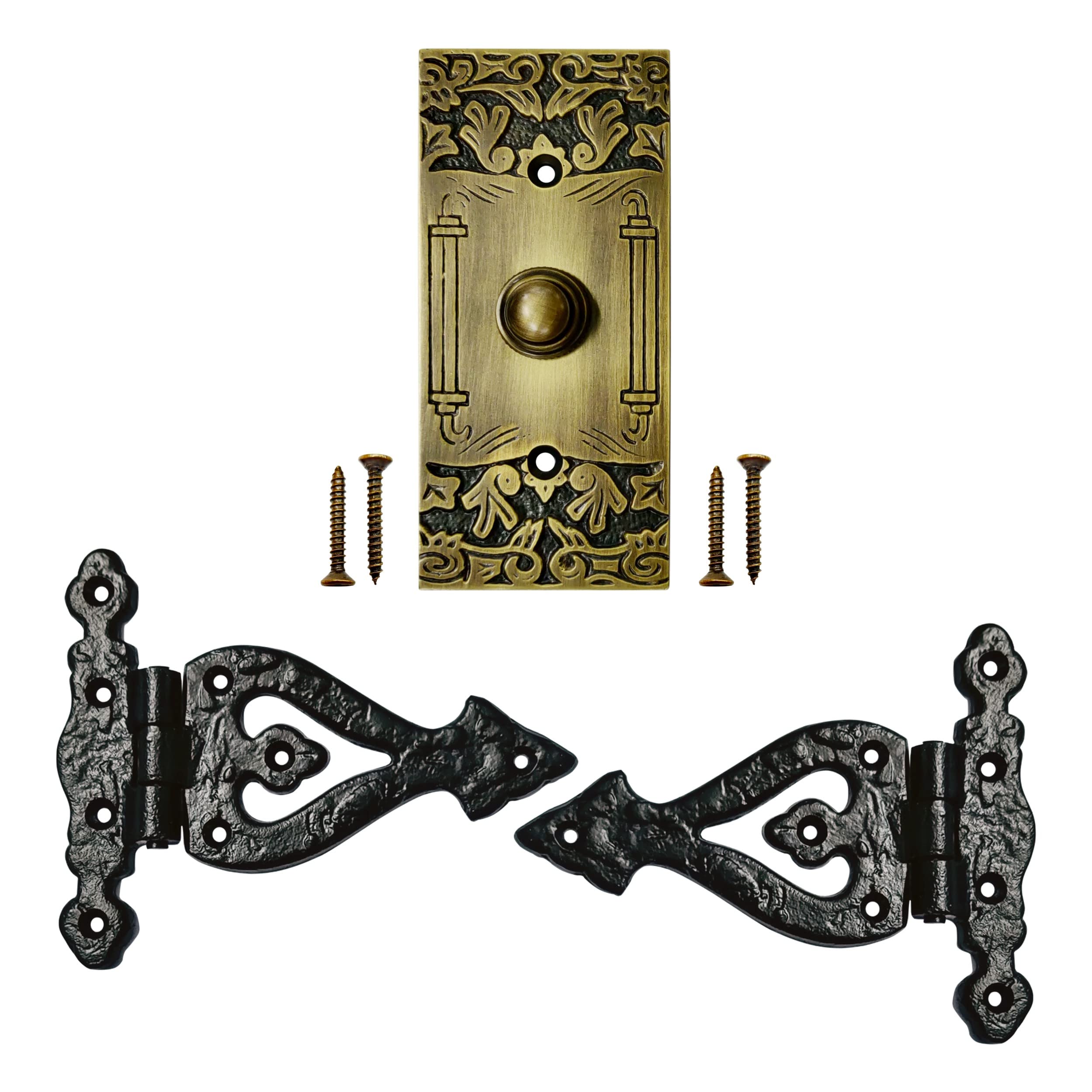 Akatva Doorbell Button with T Hinge Set – 2 Pieces Gate Hinges for Wooden Fences Heavy Duty – Bell Push Button – Doorbell Button Wired – Barn Hinges for Doors – Black Hinges – Antique Brass Finish