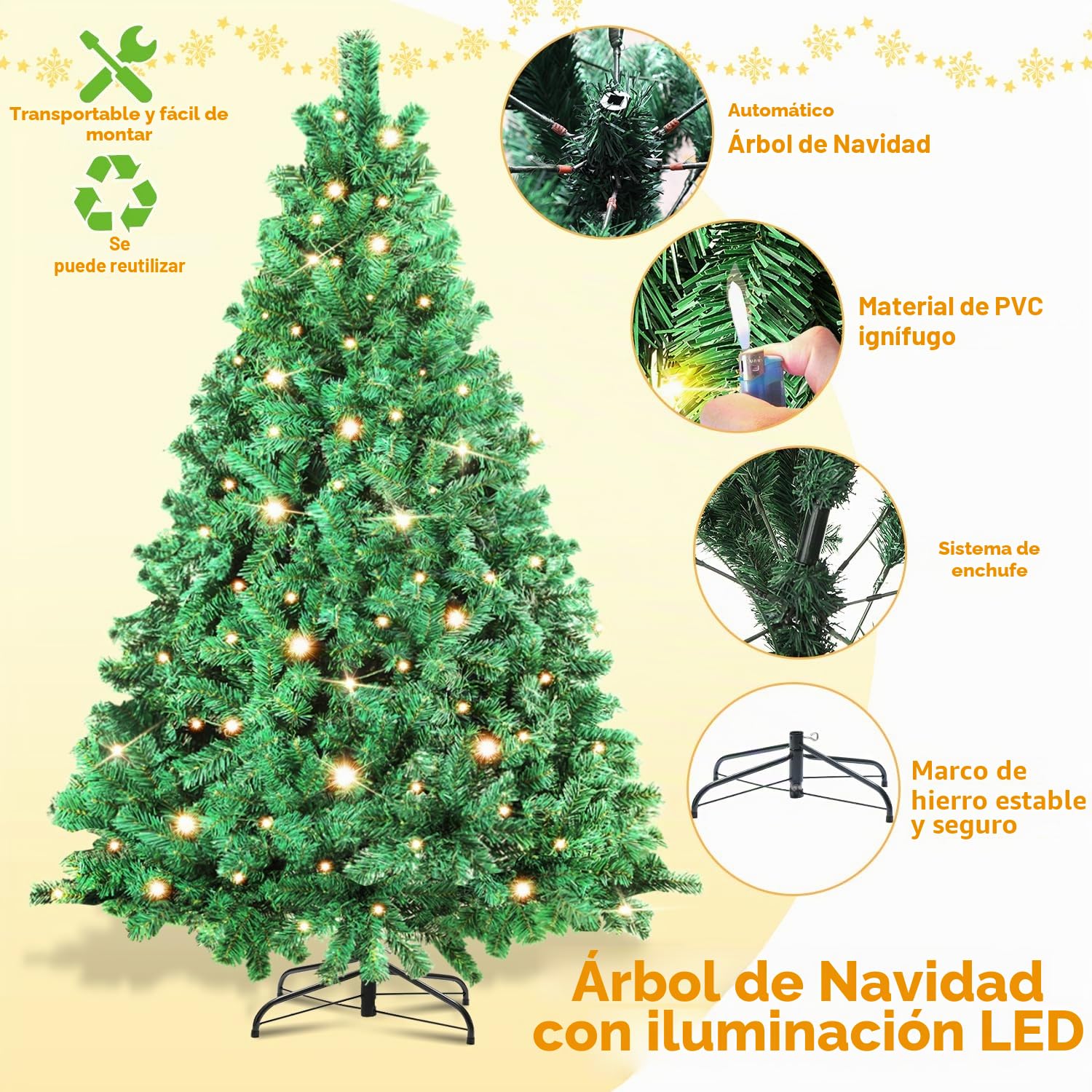 Randaco Árbol de Navidad Artificial con iluminación, 180 cm, 860 Puntas con despliegue automático, de PVC, 250 ledes, luz Blanca cálida, Incluye Soporte de Metal, difícilmente inflamable