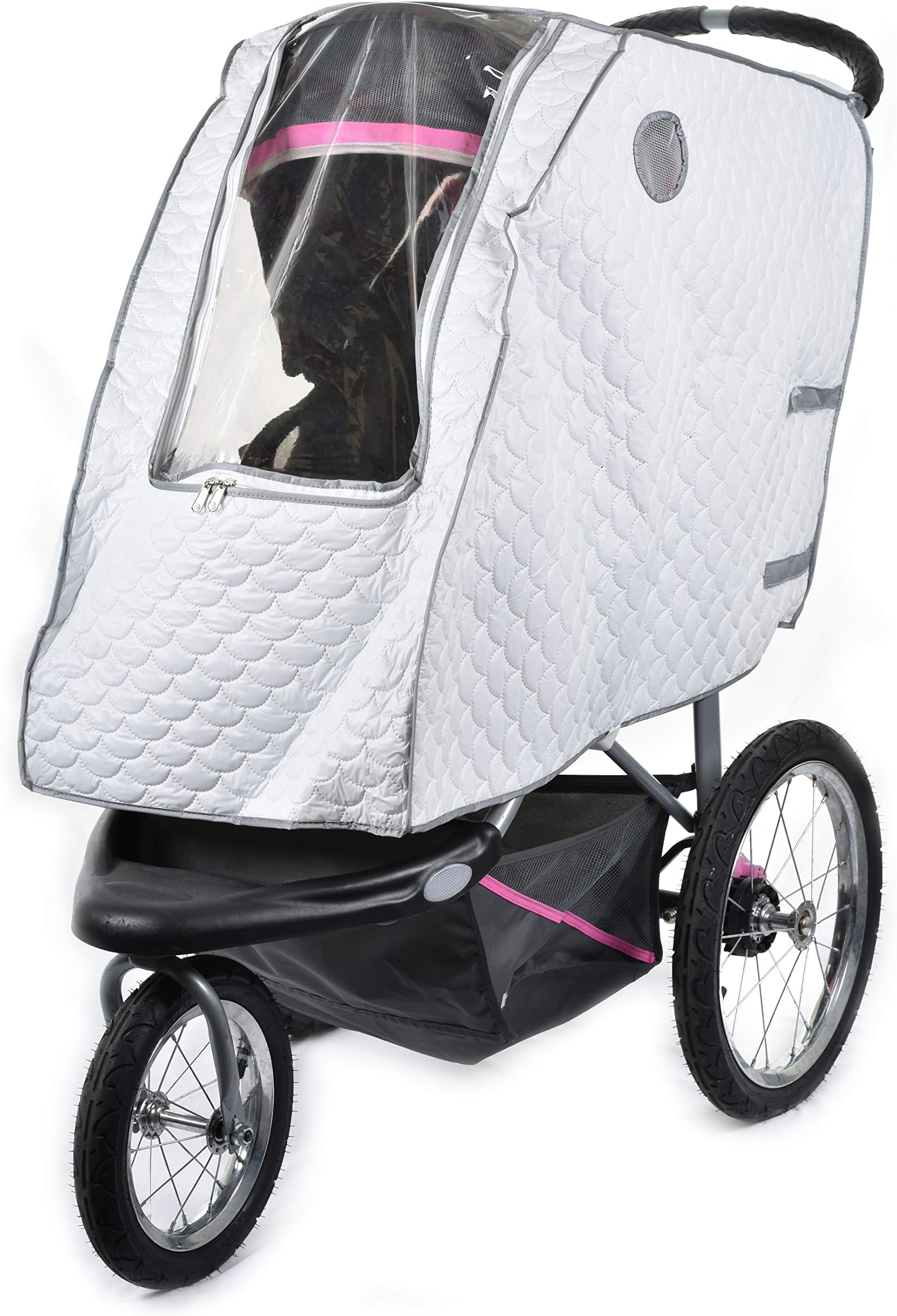 Baby Stroller Rain Cover - Universal Size, Provides Extra Warmth & Shields Child from Wind & Rain. Mesh Material for Ventilation & Reflective Trimming for Night Visibility. (White, Quilted)