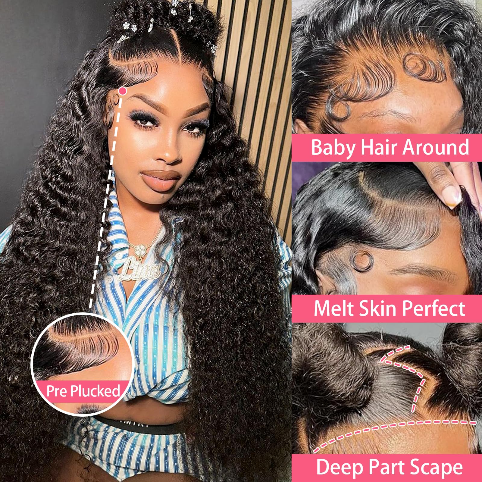 5x5 Lace Closure Wigs Human Hair Deep Wave Pre Plucked Curly HD Transparent Lace Front Wigs with Baby Hair Natural Hairline 200 Density Gluesless Human Hair Wigs for Women Natural Black Color 26 Inch