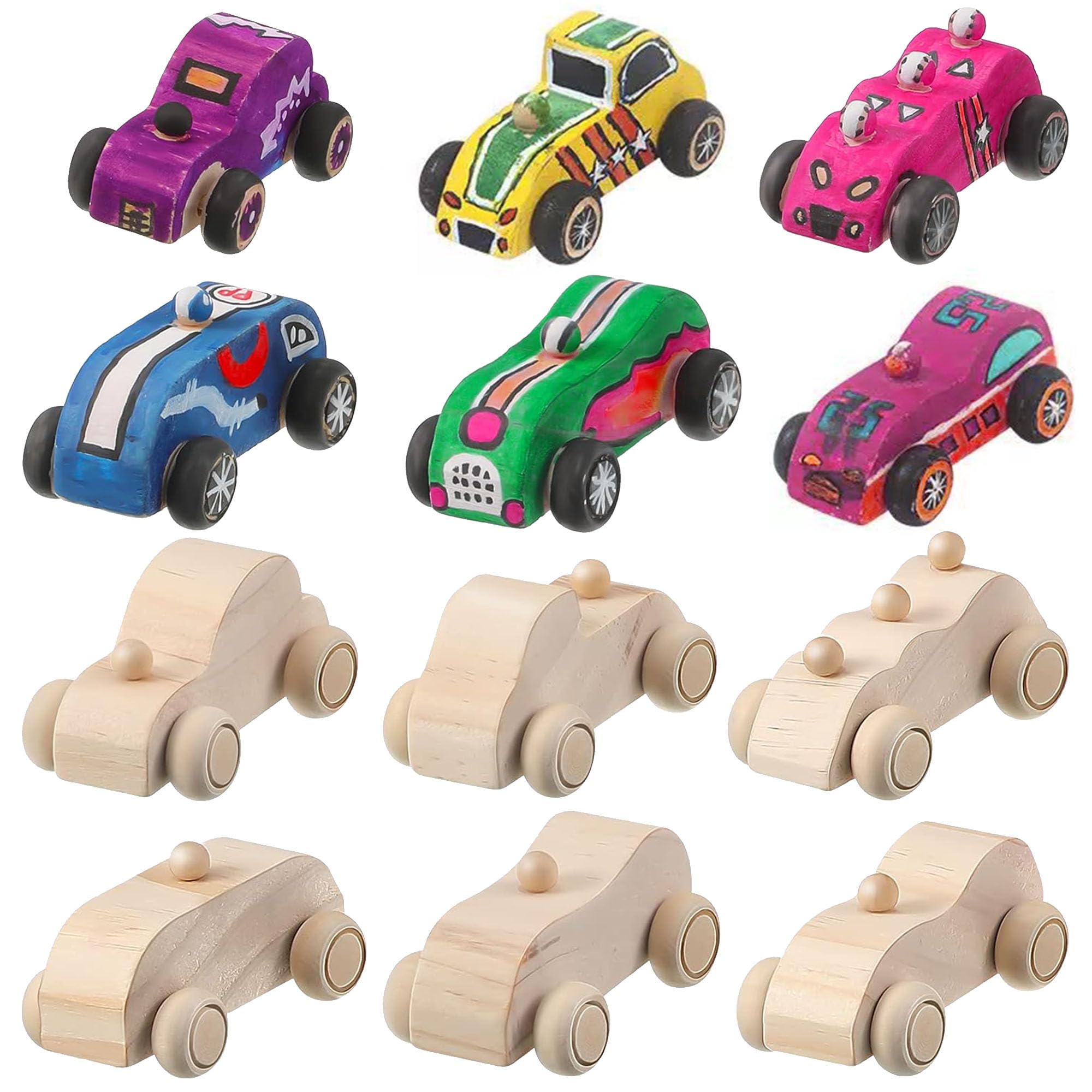 Allazone Wood DIY Car Unfinished Wooden Cars, Wooden Car Crafts for Home Activities, Craft Projects, 6 PCS Cars