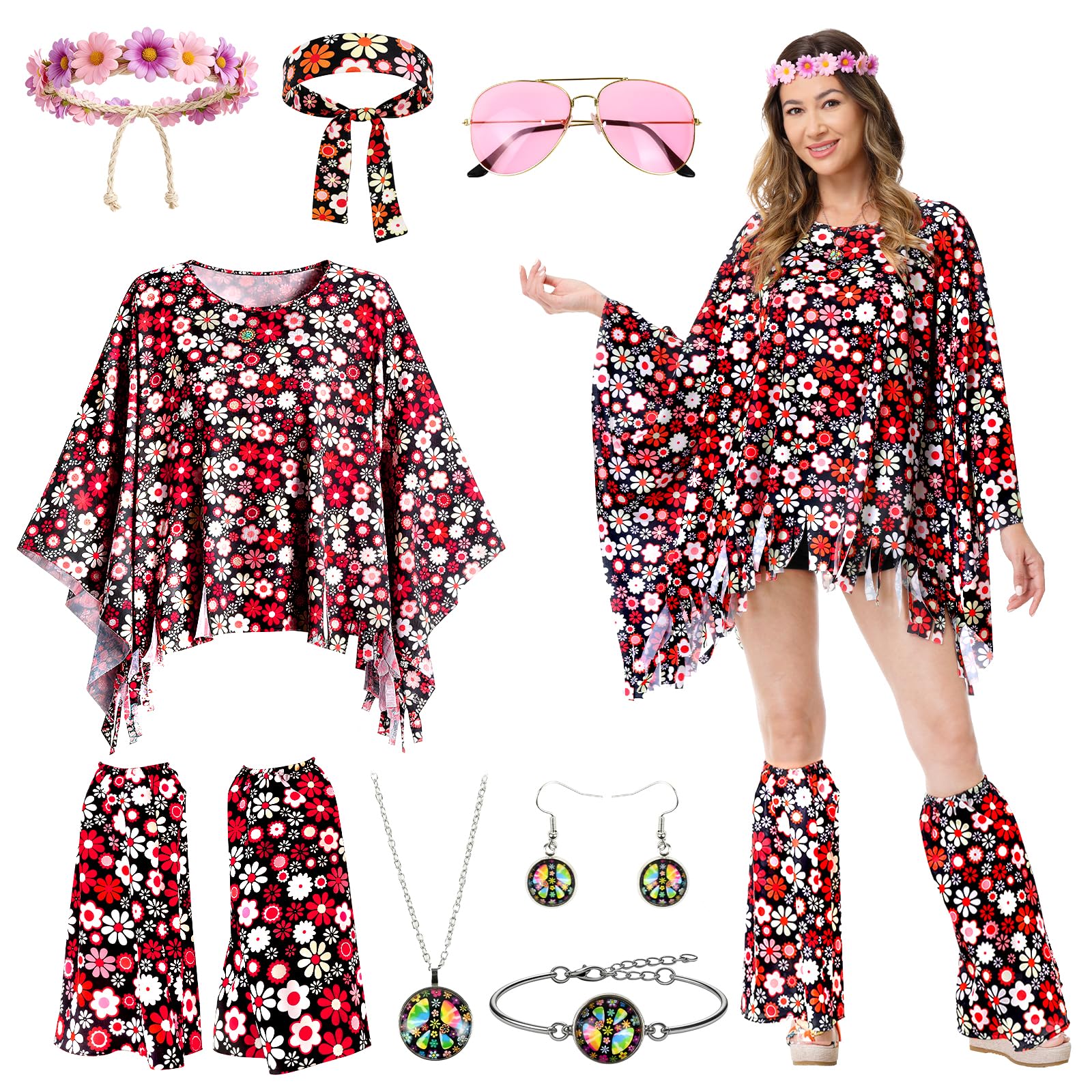 Disfraz Hippie Mujer, 8 Piezas Disfraz Años 60 70, Poncho Hippie Flores Mujer con Diadema, Paz Collar, Orrings y Gafas Sol, Ropa Hippy Señoras Set para Carnaval, Discoteca, Fiesta, Cosplay