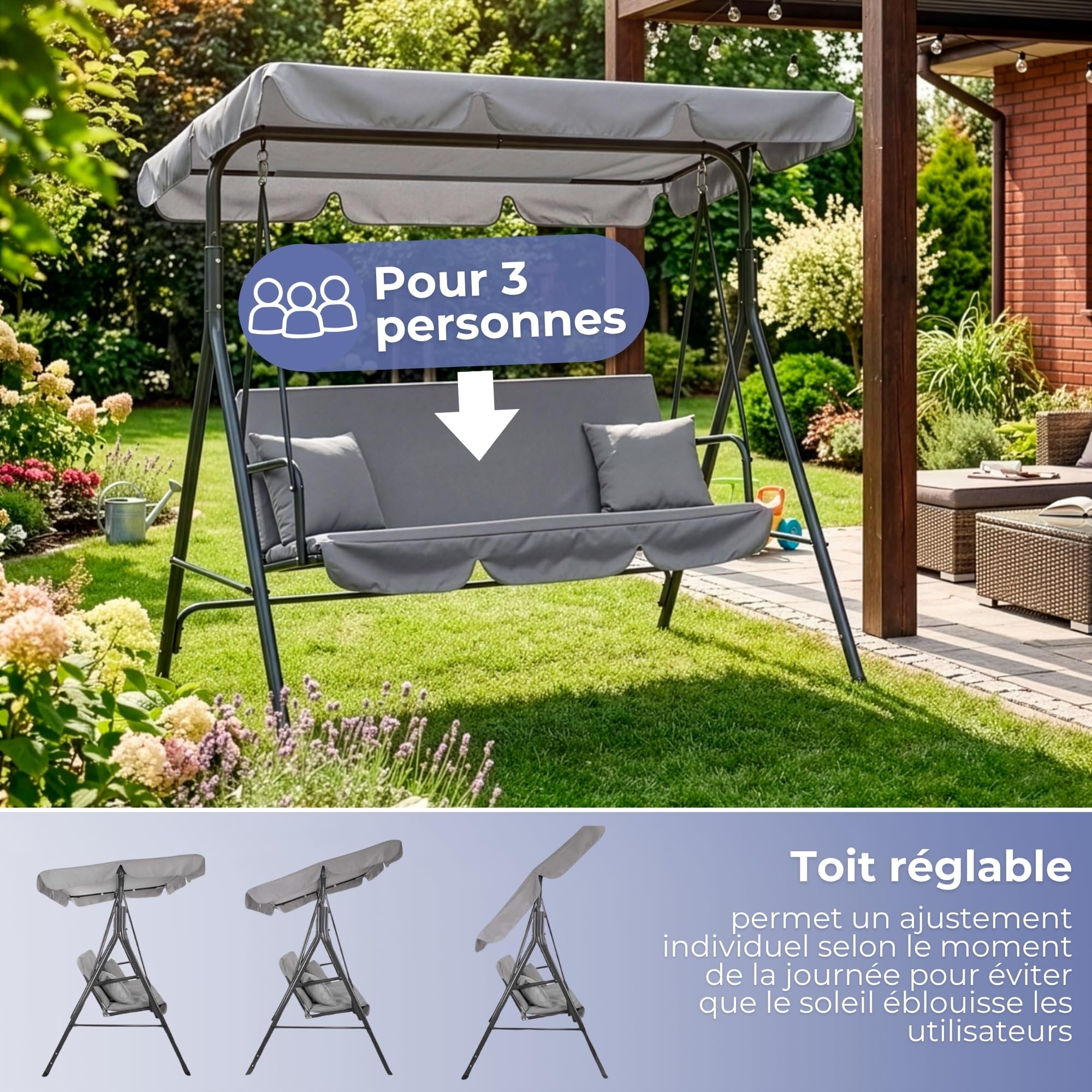 SPRINGOS Balancelle de jardin Luna avec toit, coussin, balancelle 3 personnes, H x L x P : 150 x 170 x 110 cm (gris)