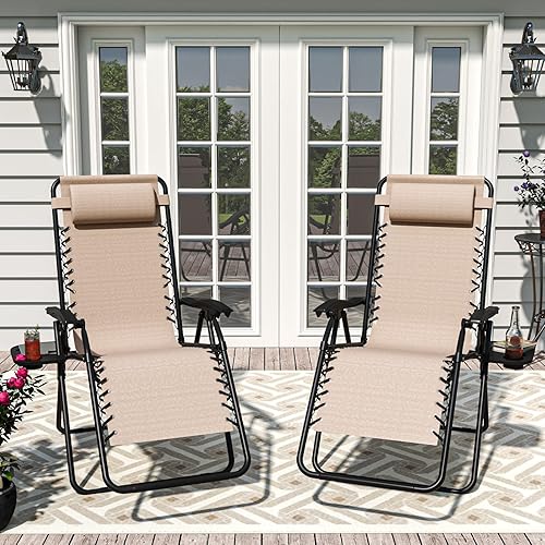 Miniatura 9 de Juego de 2 sillas reclinables ajustables de gravedad cero para exteriores, con bandeja portavasos, almohadas extraíbles, silla reclinable ergonómica