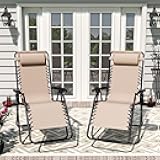 TQKVIPI Set of 2 Adjustable Zero Gravity Lounge Chairs Outdoor Recliner w/Cup Holder Tray & Removable Pillows, Ergonomic Reclining Chair for Camping Patio Lawn Balcony (Beige-Brown)