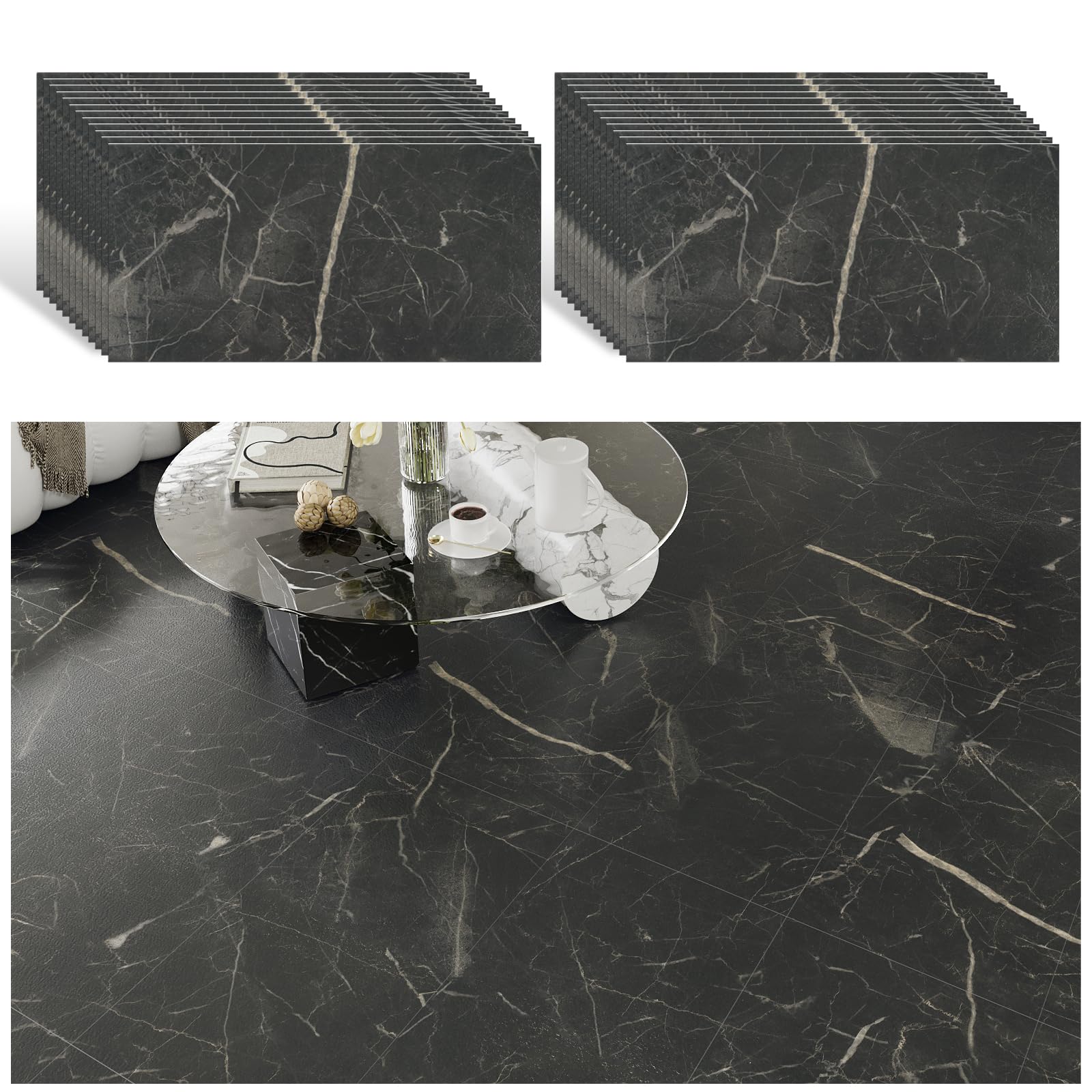 VEELIKE Piastrelle Adesive Cucina Marmo Nera Piastrelle Adesive Pavimento Bagno PVC Adesivo Pavimento Soggiorno Mattonelle Adesive Pavimento PVC Adesivo Effetto Marmo Spesso 1.5mm 60cm x 30cm 24 Pezzi