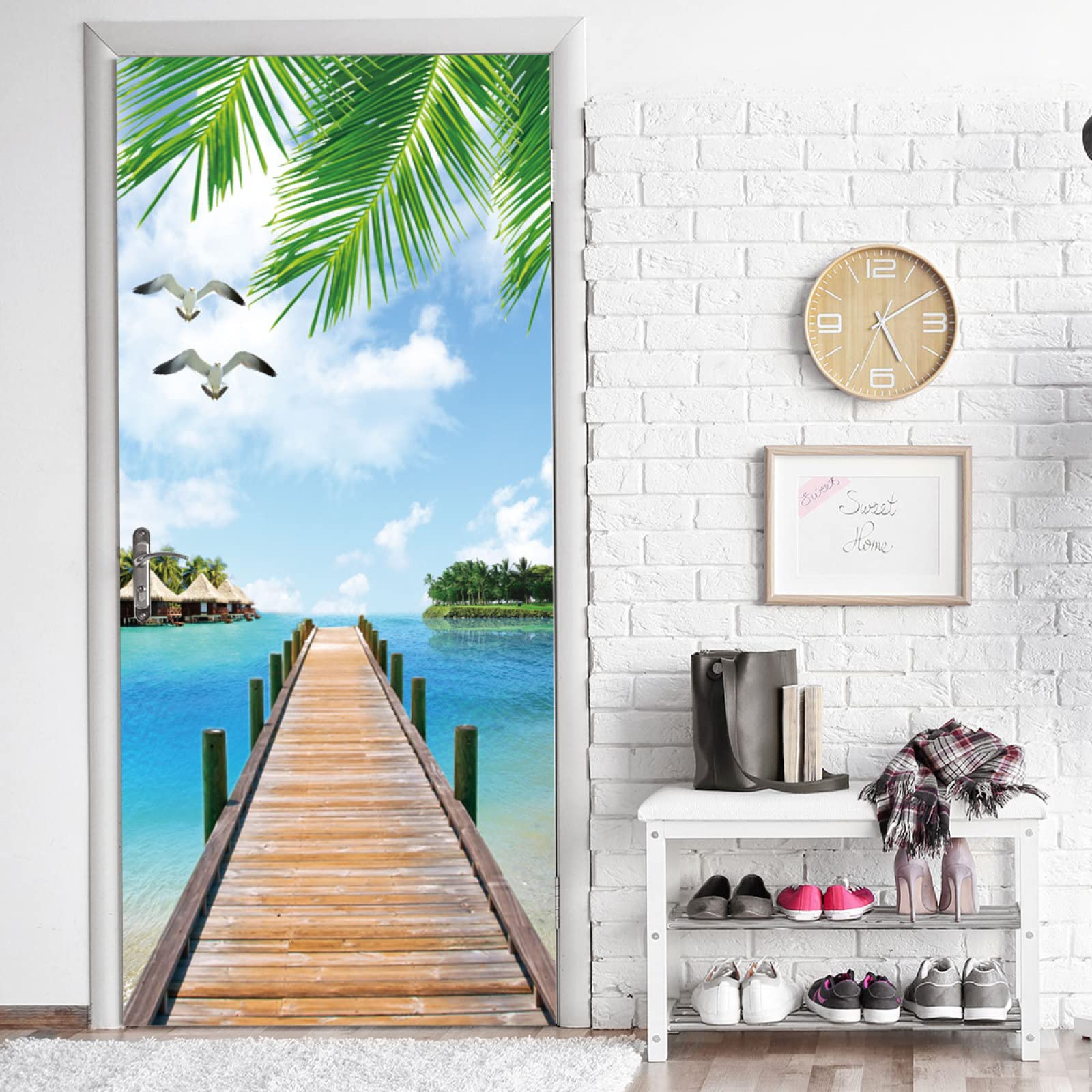 Sticker Porte Trompe L'Oeil 3D 77 X 200 Cm Paysage De Pont En Bois De Plage De Bain Auto-Adhésif Amovible Impermeable Autocollant Poster De Porte Stickers Muraux Pour Salon Cuisine Chambre Salle