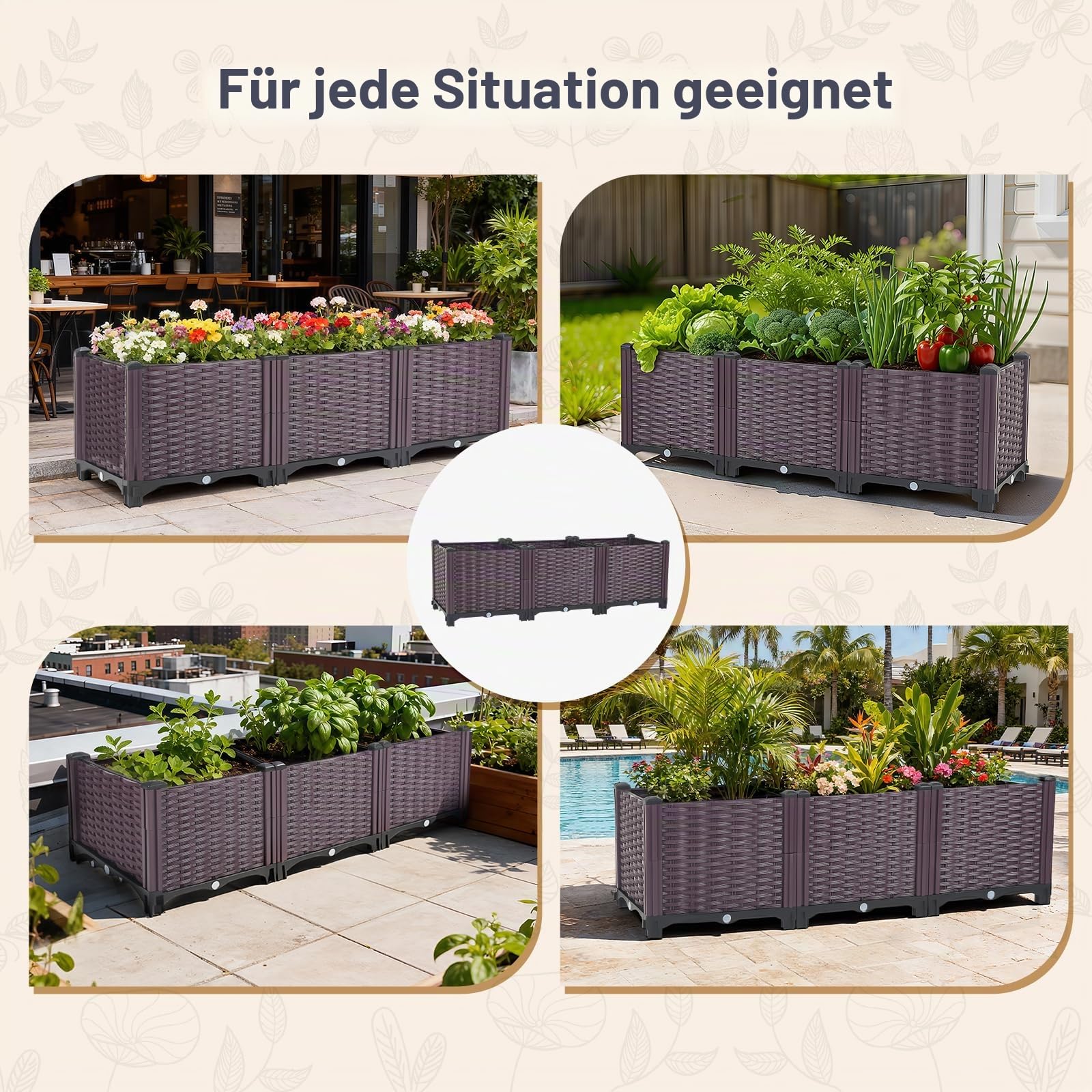 Hochbeet für Garten, Pflanzbeet Frühbeet Gartenbeet, sichtbarer Abfluss, erhöhte Pflanzkiste für Gemüse, Kräuter und Blumen，PP Blumenkasten für Garten Balkon,111 x 37 x 34.5 cm