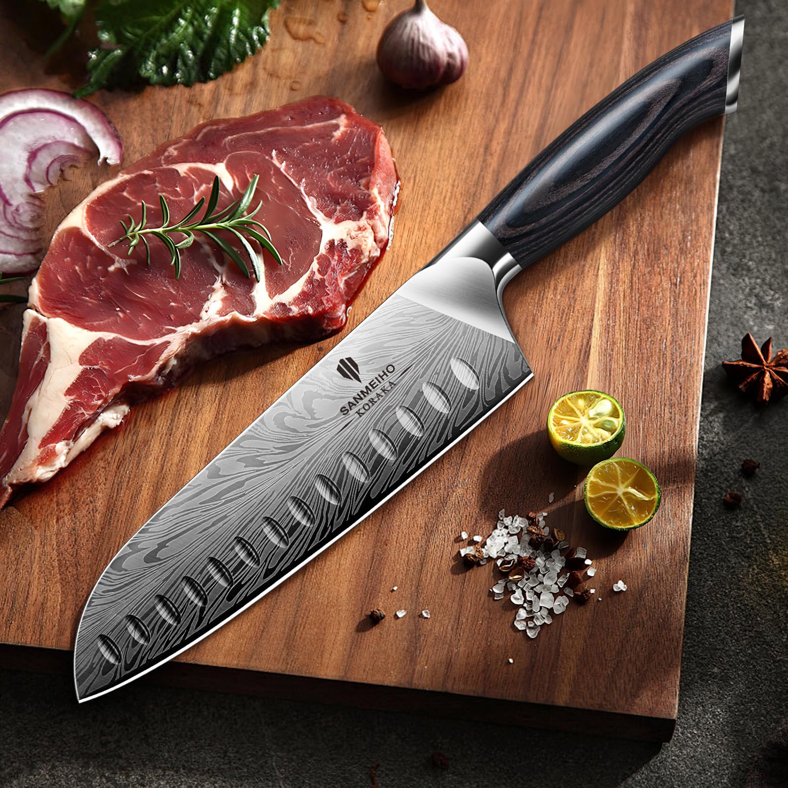 SANMEIHO Coltelli da Cucina in Acciaio a Polvere, Coltello Giapponese Santoku 20 cm Ultra Affilati Coltello da Chef Multiuso Professionale ad alto Tenore di Carbonio con Manico Ergonomica in Pakkawood