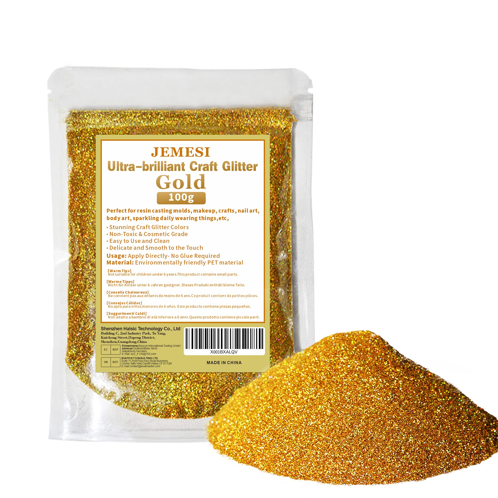 Holographic fine Glitter 90g Extra Fine Resin Glitter Powder, Cosmetic Glitter Powder for Slime, Face, Body, Eye, Hair, Nail Lips, Art Crafts Gold