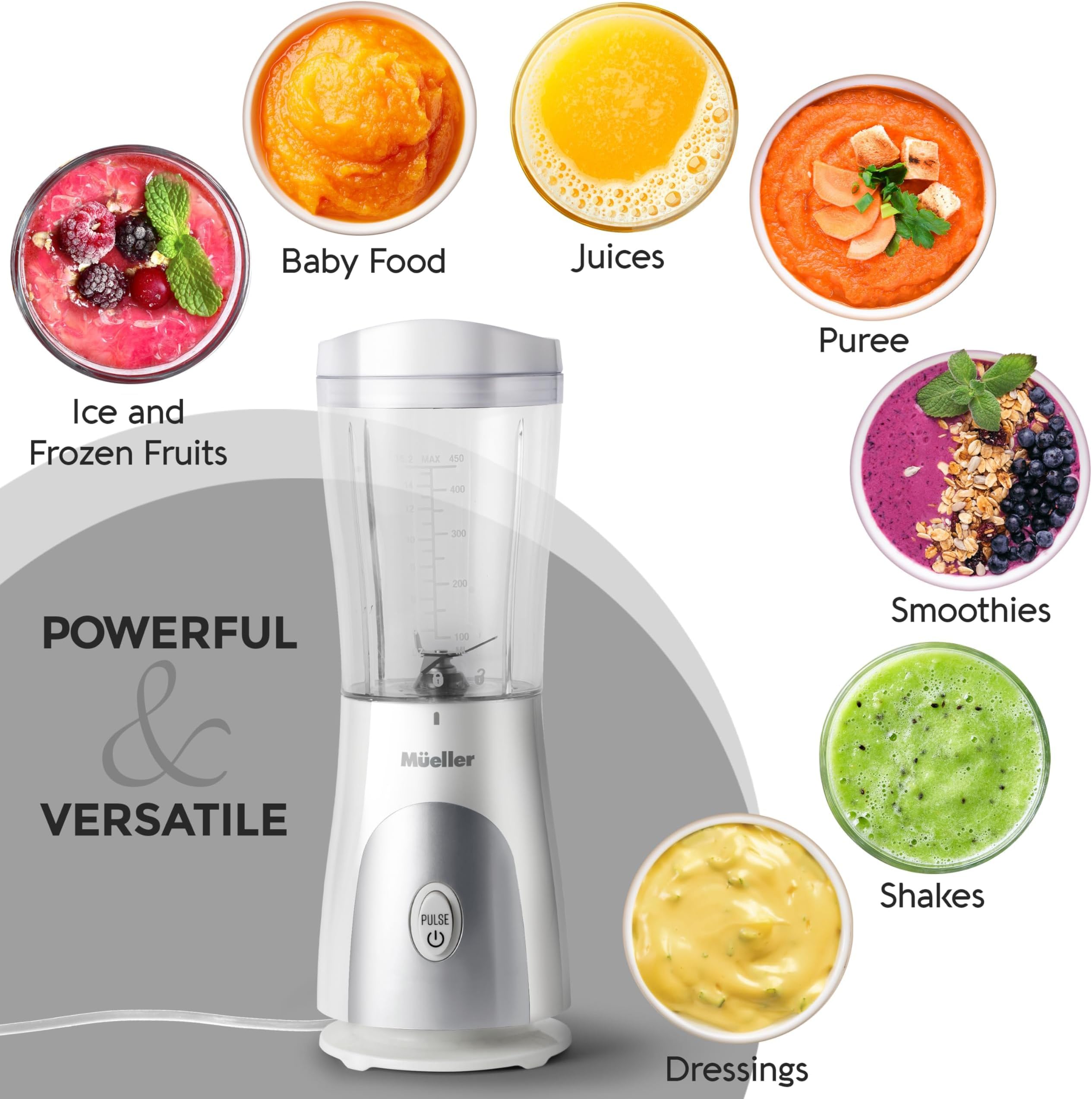 Mueller Smoothie Blender for Smoothies - Personal Blender for Shakes, Frozen Drinks, Baby Food & More, 15oz Travel Cup and Lid, Durable Stainless Steel Blades for Powerful Blending Performance, White