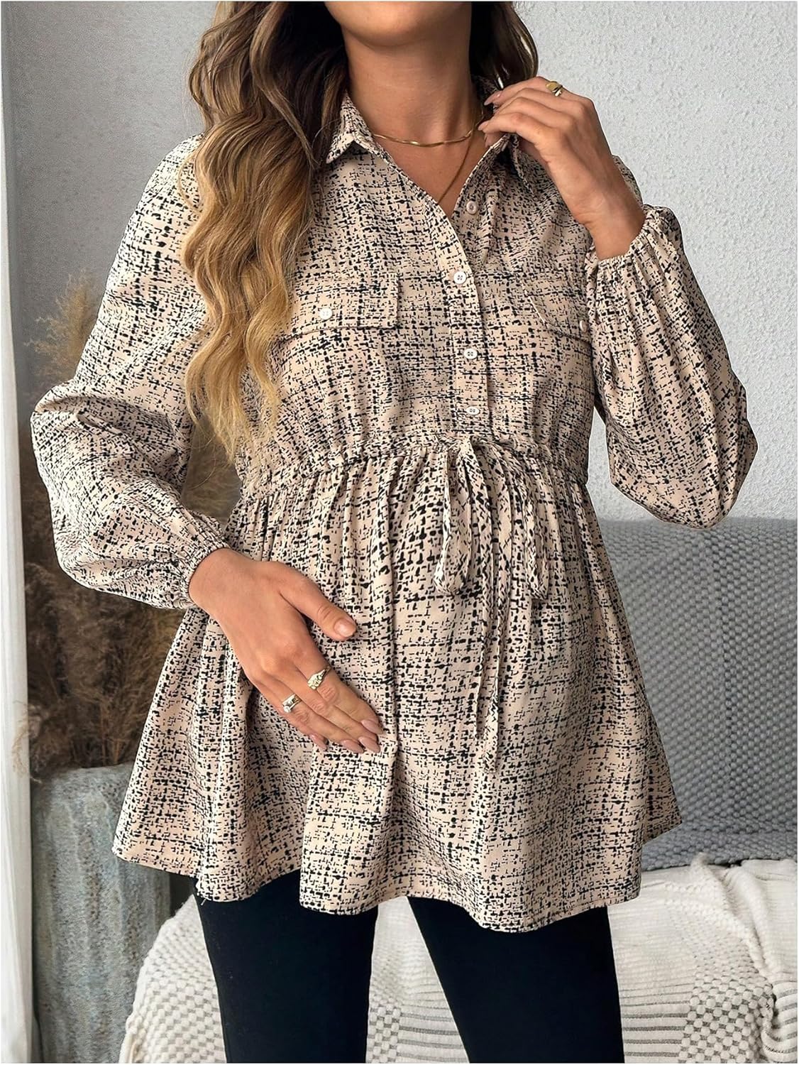 MakeMeChic Women's Maternity Blouse Long Sleeve Belted Button Down Casual Pregnancy Blouse Tops