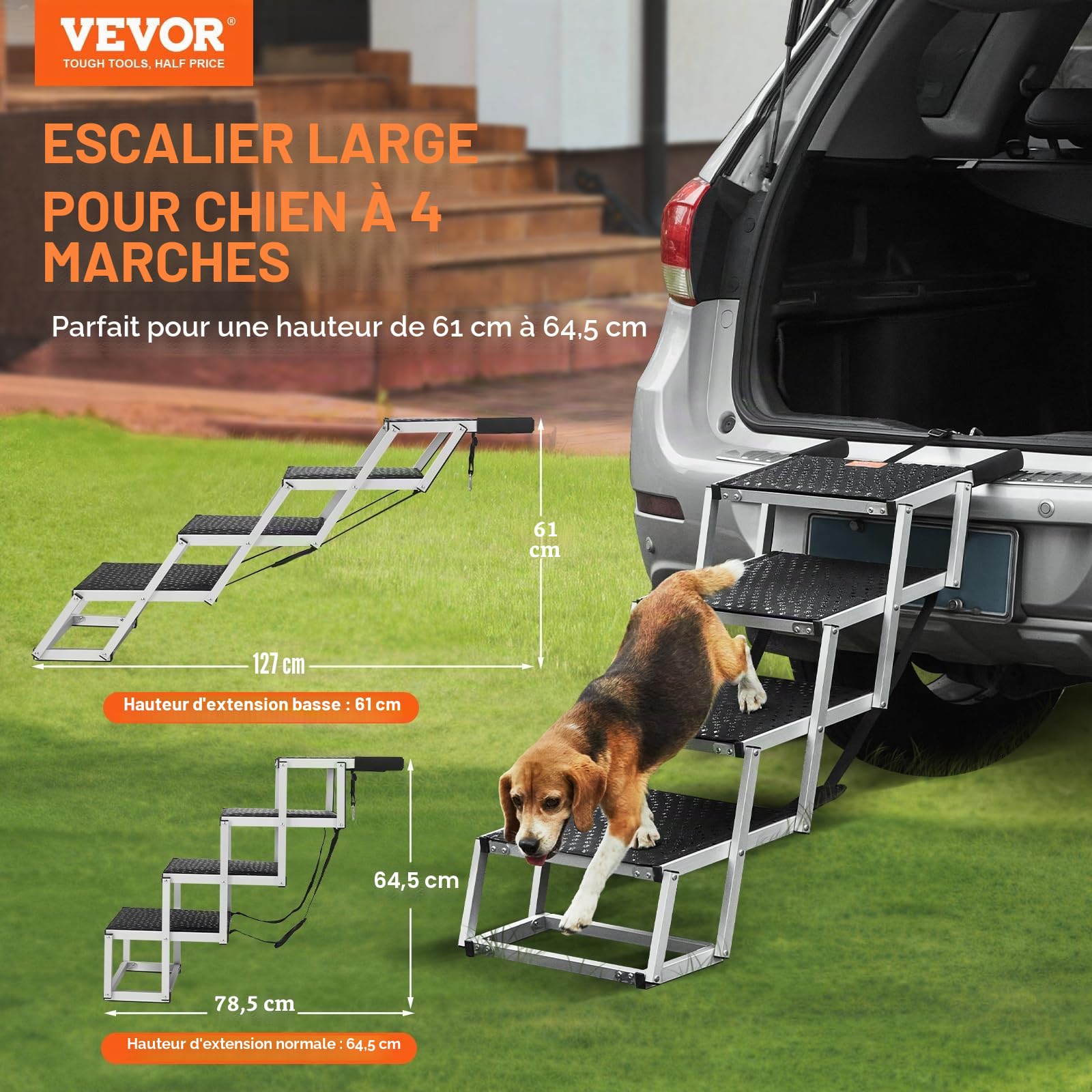 VEVOR Escalier pour Chien 4 marches, Rampe Pliable, Charge 68 kg, Aluminium, Antidérapant