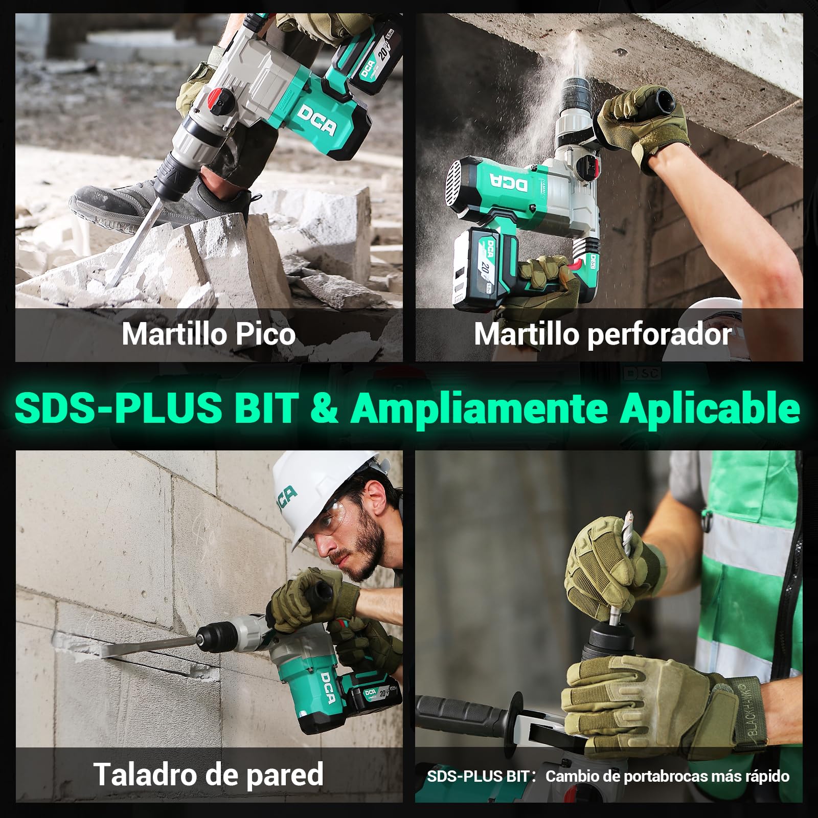DCA Martillo Perforador sin Cable 20V, 4.5 J de Energía de Golpe y 3800 BPM, 4 Piezas 28mm SDS-Plus, Motor de Alto Rendimiento para Martillo Perforador sin escobillas, Batería 5.0Ah, Cargador Rápido 4