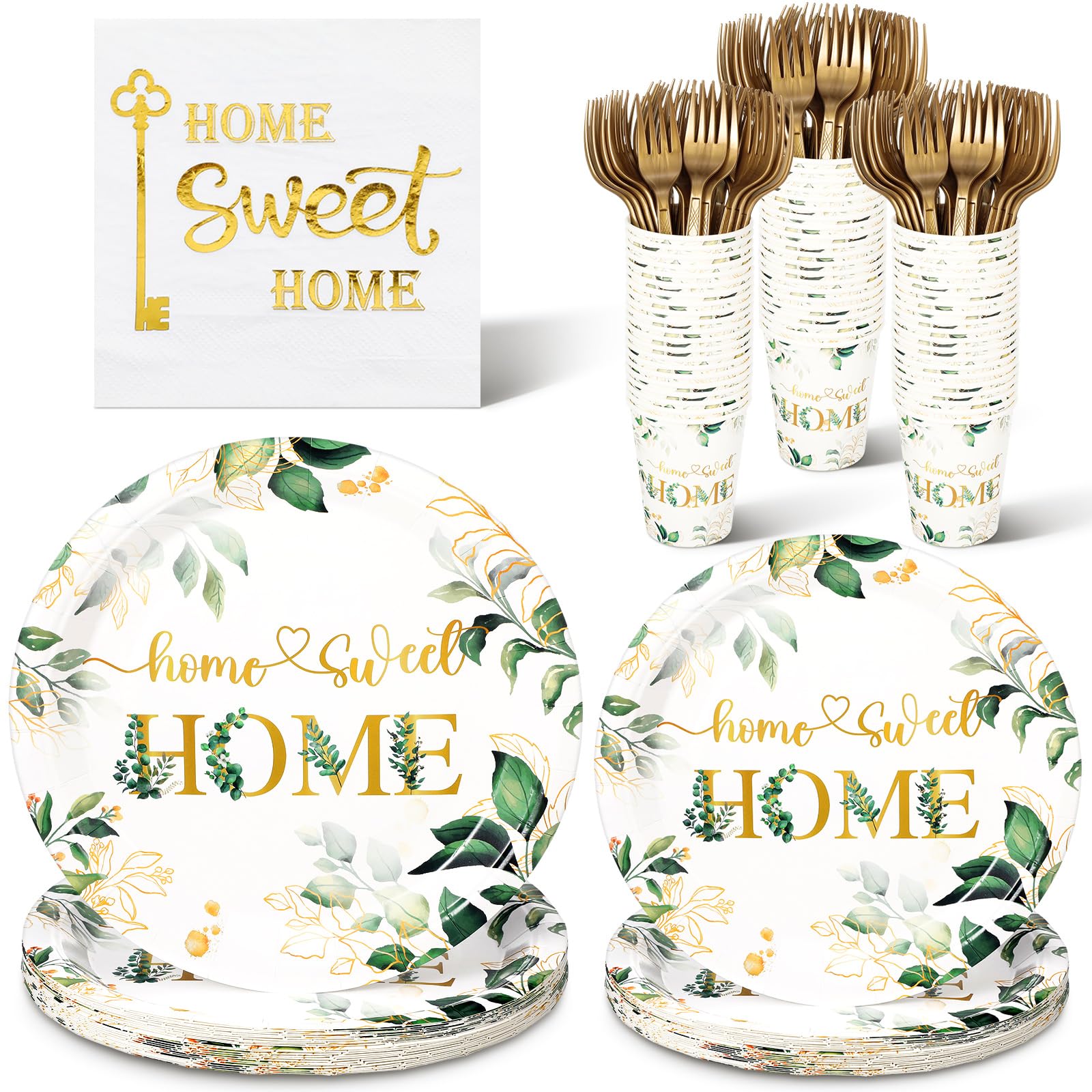 Zubebe 120 Pcs Housewarming Party Tableware Home Sweet Home Plates and Napkins Disposable Sets Rustic Leaves Floral House Warming for New House