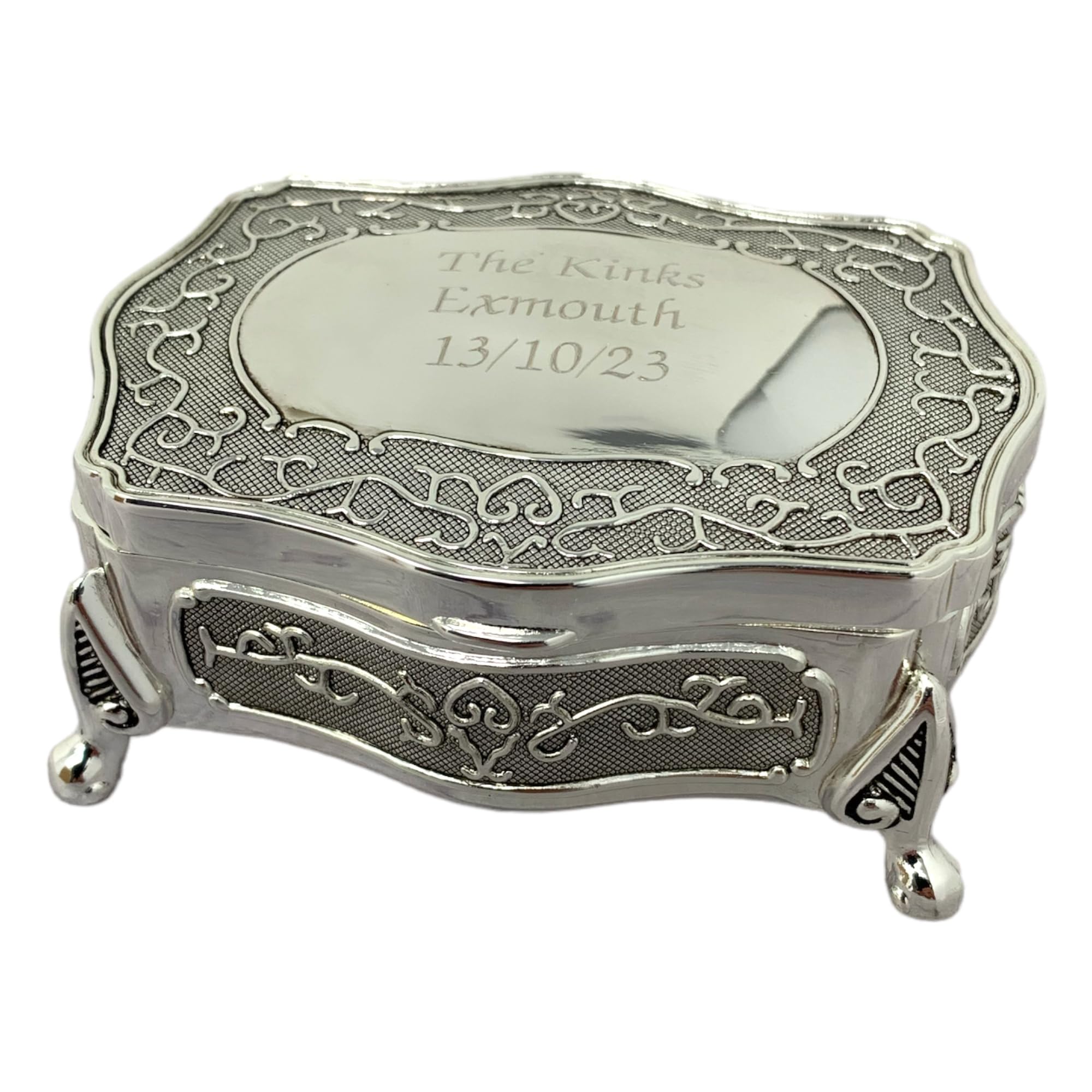 Rutherfords Gifts Silver Personalised Small -Plated Antique Finish Jewellery Box – Custom Engraved Trinket Keepsake Gift For Her, Birthday, Anniversary, Wedding Or Mother’s Day Present