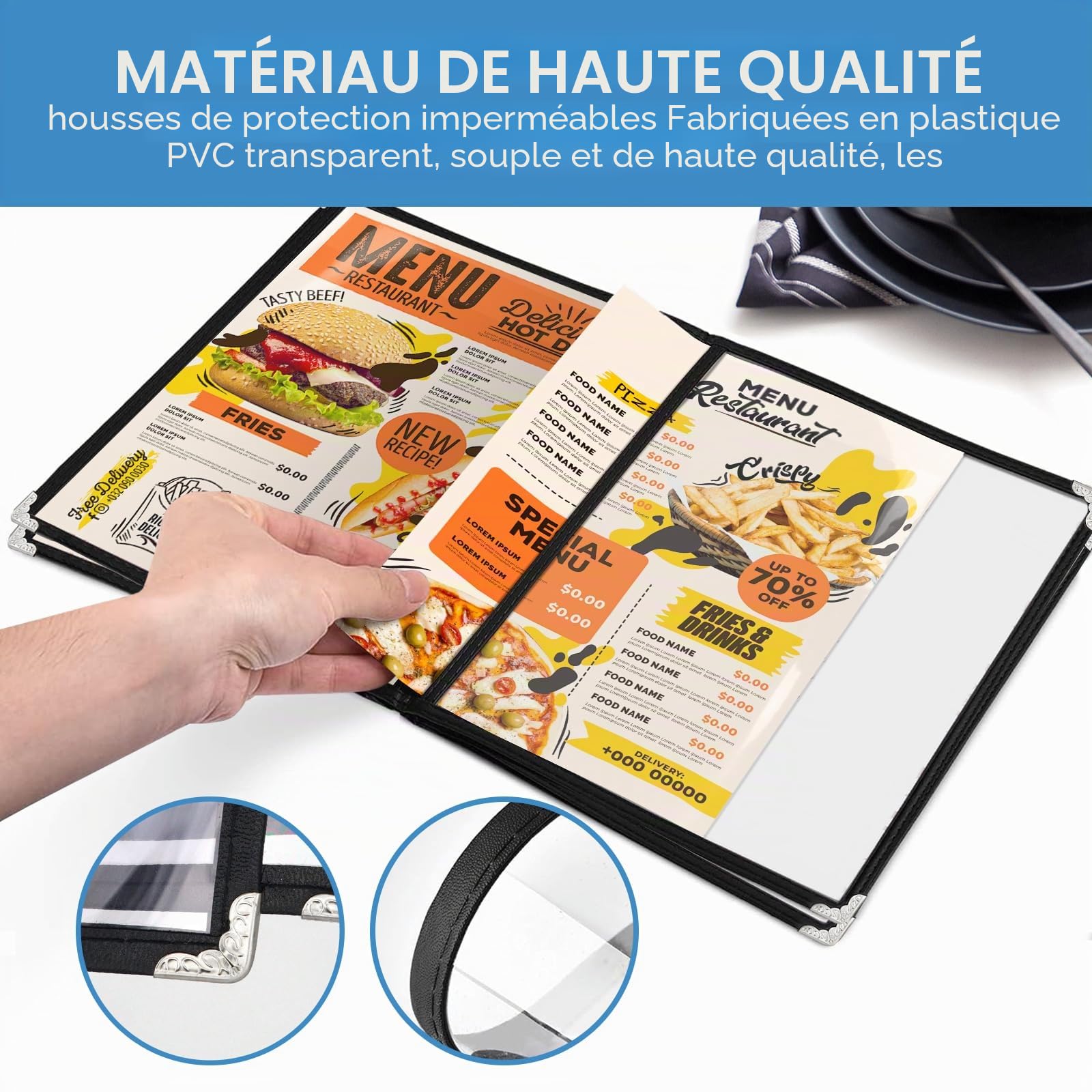 WenYa Lot de 10 couvertures de menu A5, 4 pages, 8 vues de style café, bordure noire, couverture transparente pour menu du vin avec protections d'angle métalliques, compatible avec papier de format A5
