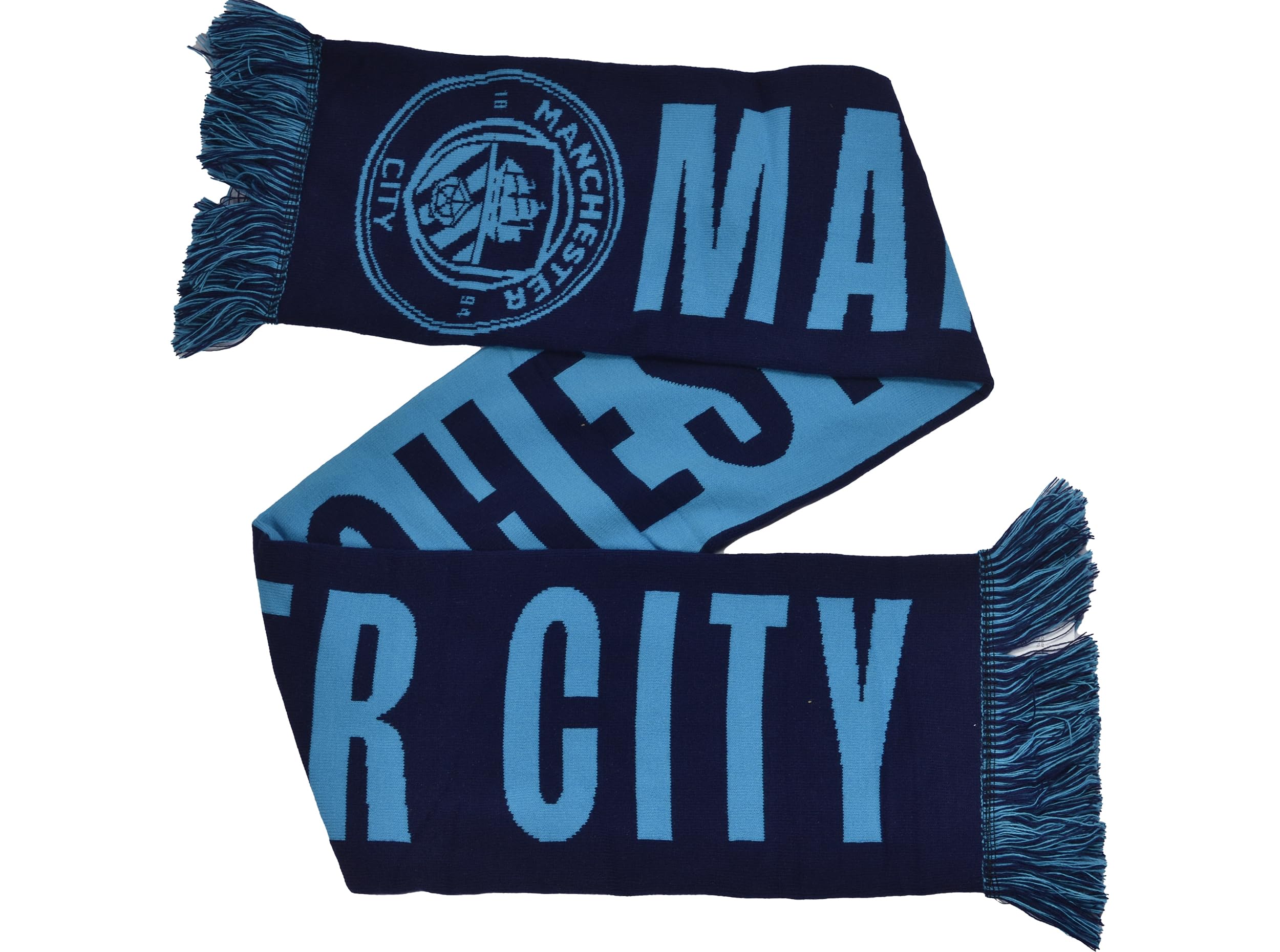 FOCO Manchester City FC Official Soccer Fan Scarf, Navy Blue and Sky Blue, Double-Sided Knit with Club Crest, Fringed Ends