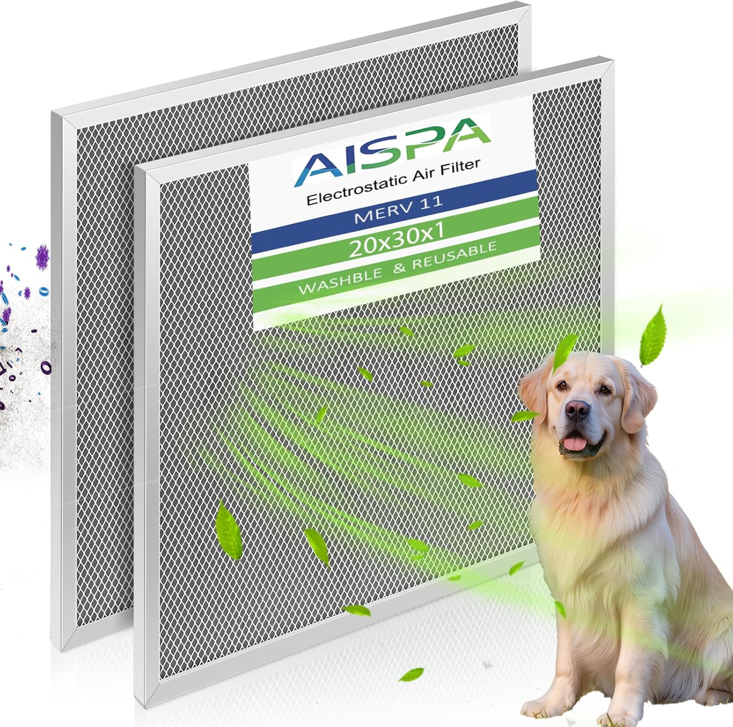 2 Pack 20x30x1 Air Filter, MERV 11, Washable and Reusable air filters, Sturdy Aluminum Alloy Frame & Nylon Mesh, for Home & Workplace, air filters 20x30x1