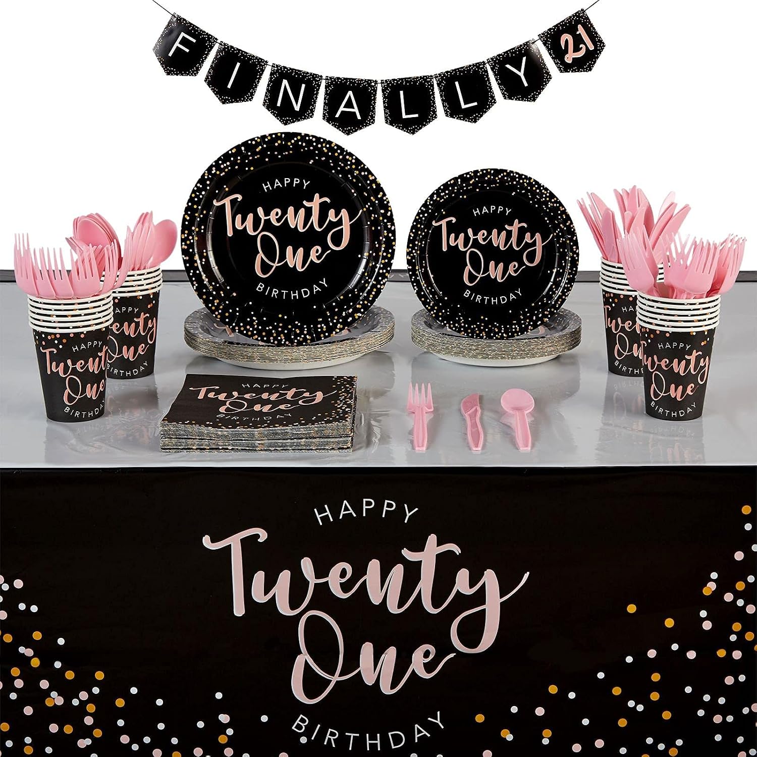 21st Birthday Party Supplies, Plates, Napkins, Tablecloth, Cups, Cutlery, Finally 21 Banner (24 Guests, 170 Pieces)