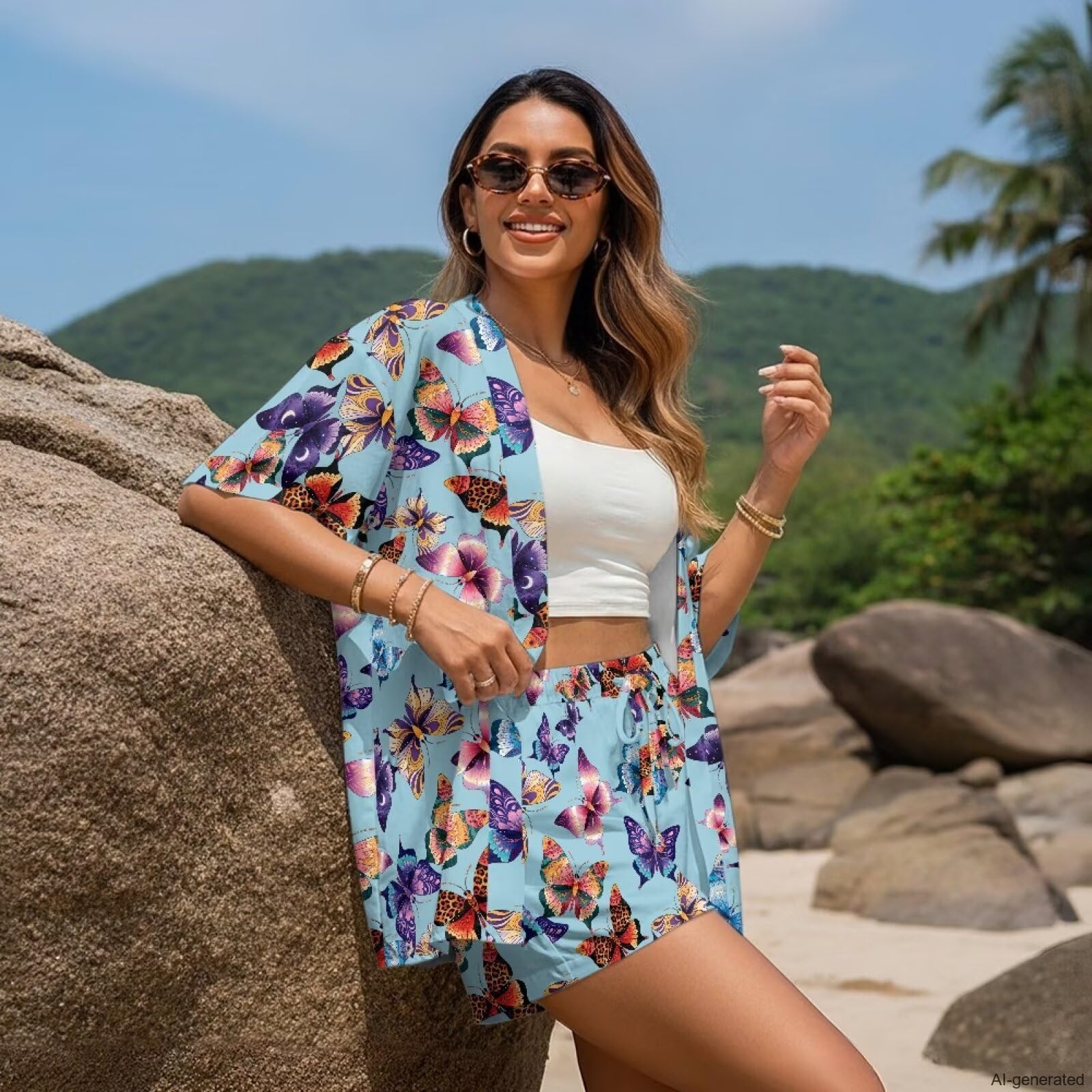 Completo da spiaggia da donna con camicia e pantaloncini aperti
