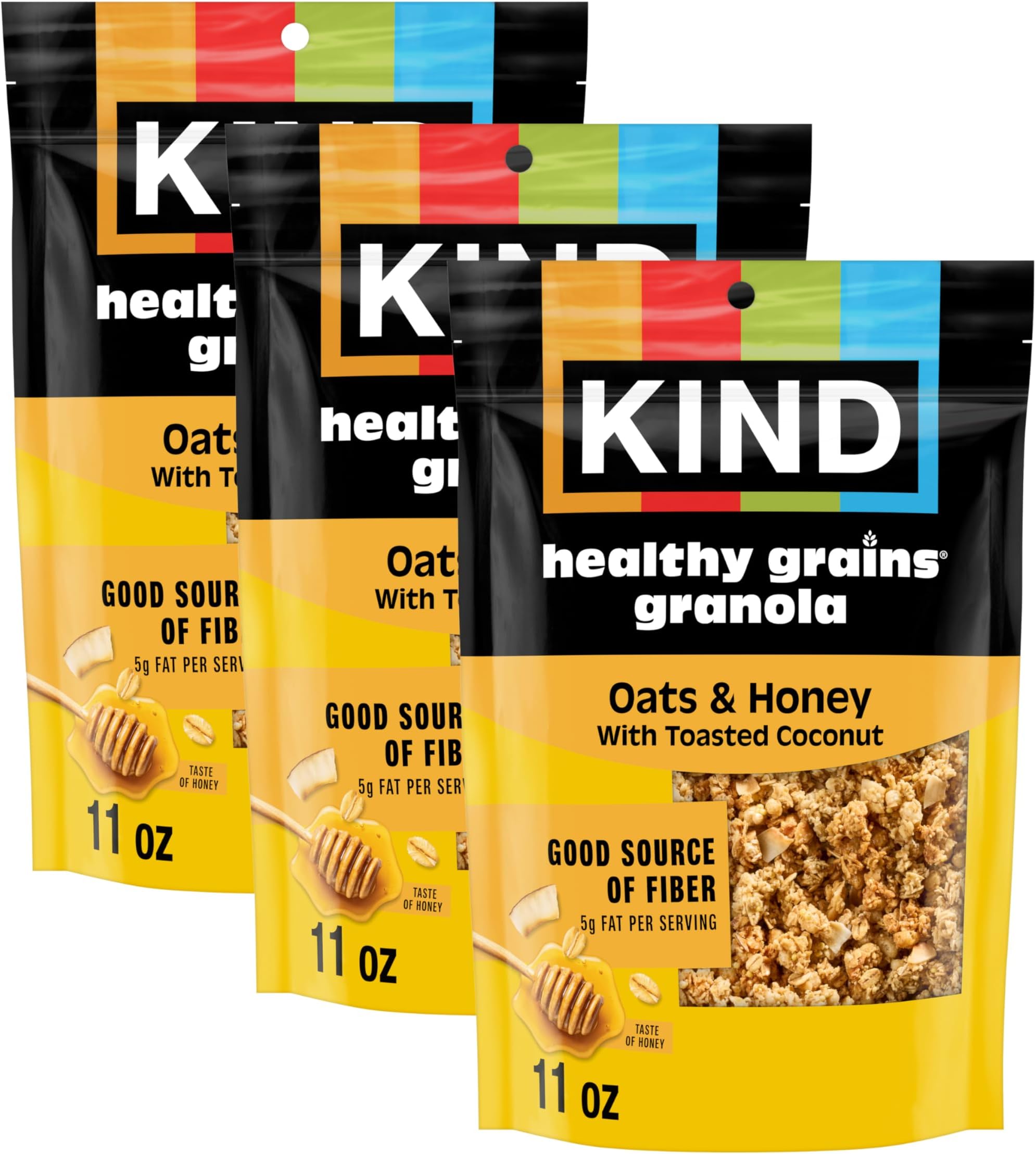 Kind Healthy Grains Granola, Oats & Honey Clusters with Toasted Coconut, Gluten Free, Healthy Snack Mix, 5g Protein, 11oz, 3 Count