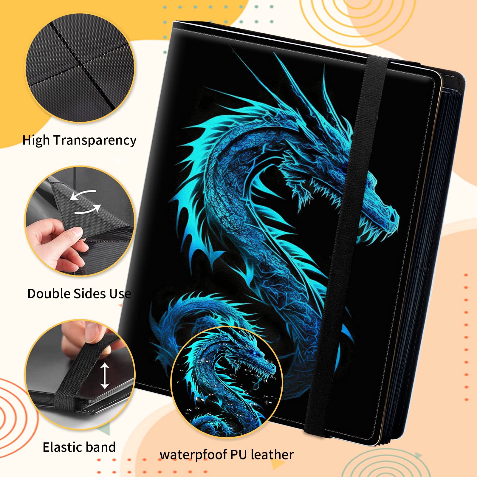 Amazon.com: Trading Card Binder 4-pocket Card Holder Binder for Pokemon  Baseball Football Hockey Sport Mtg TCG YUGIOH Card Binder Album 240 Cards  Side Load + Elastic Band-Blue neon dragon : Toys &