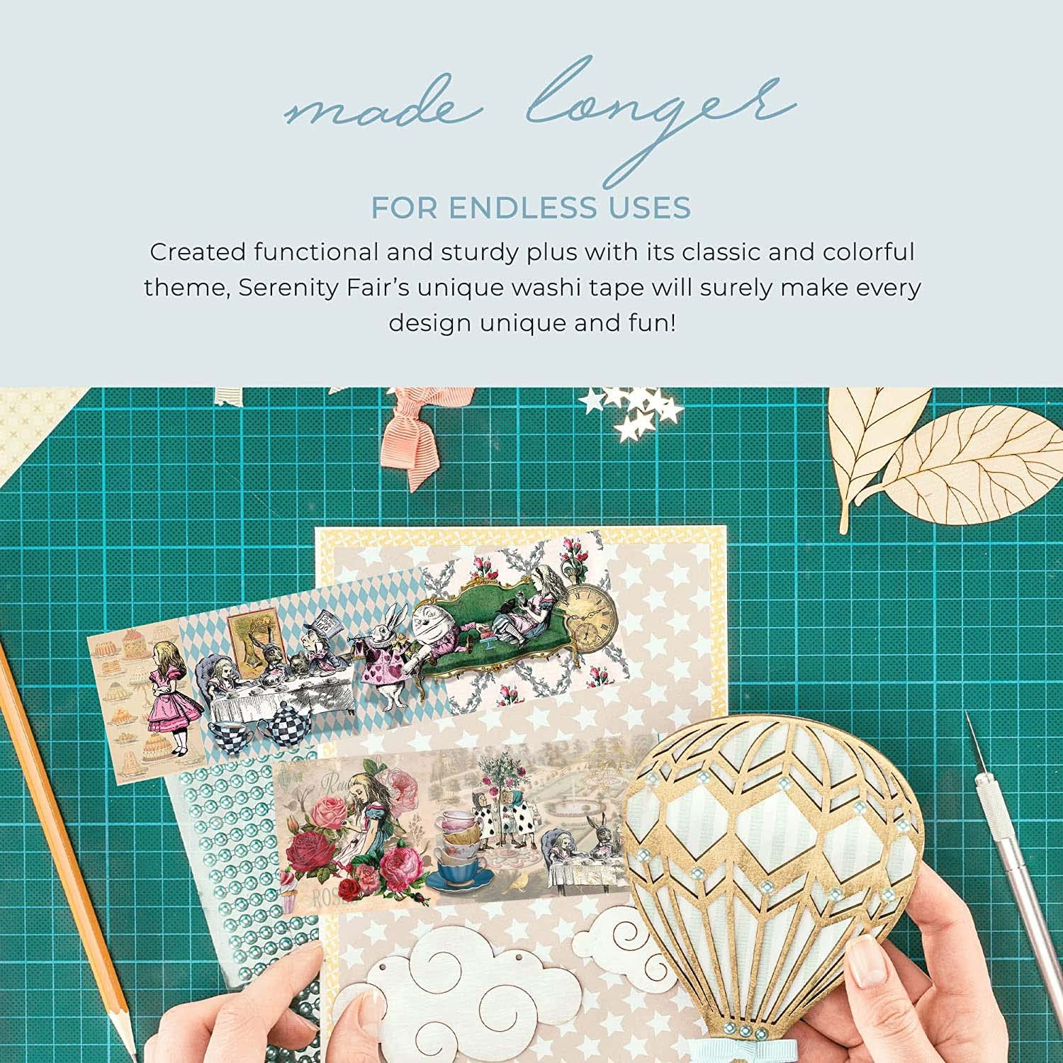 Alice au pays des merveilles - Ruban washi extra large en feuille d'or pour scrapbooking, travaux manuels, journaux, cartes de bricolage, décorations de goûter