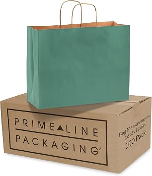 Prime Line Packaging Green Gift Bags Large, Kraft Paper Bags with Handles for Wedding Favors, Boutiques, Retail, Grocery Use, Merchandise, Events, Bulk, 16x6x12, 100 Pack