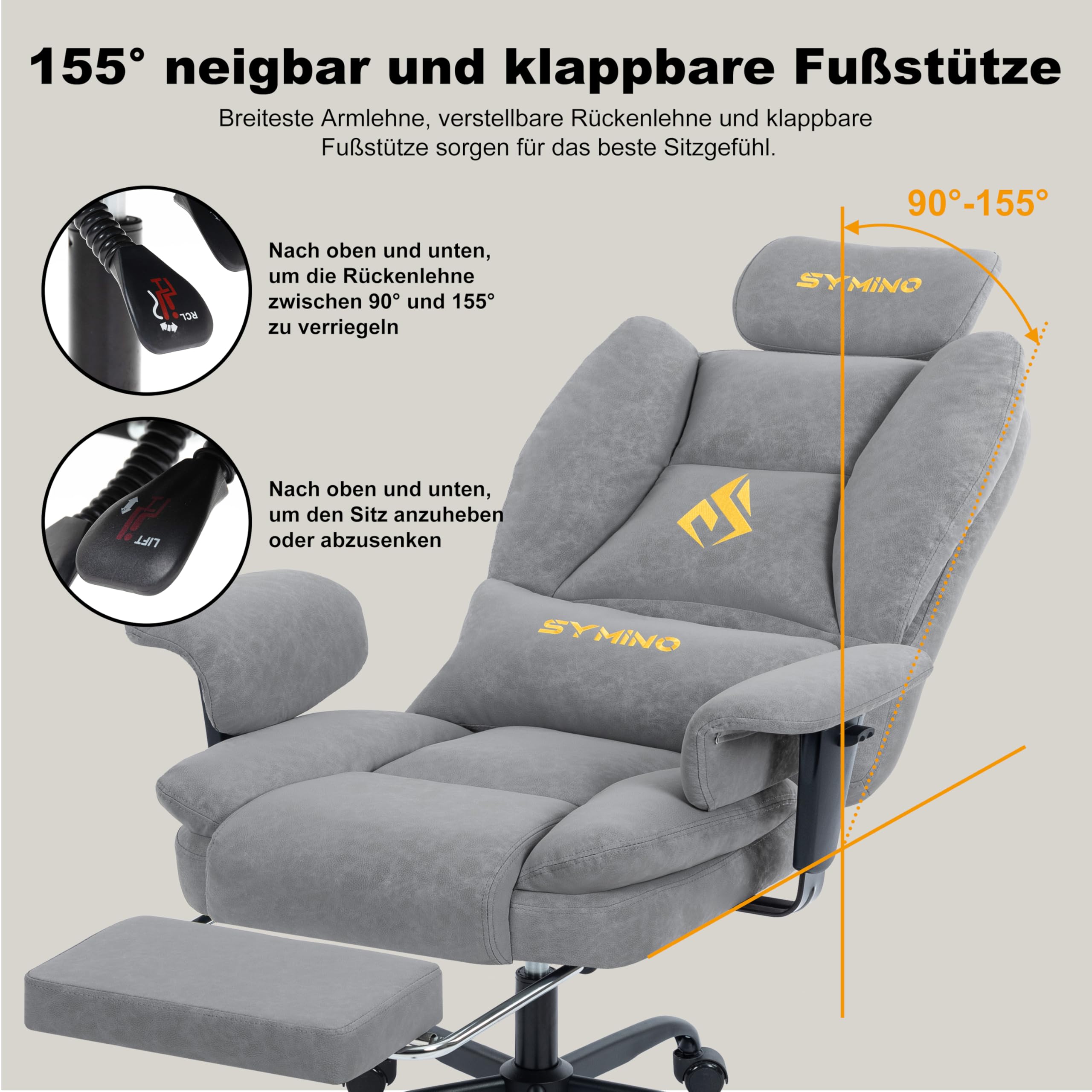 Symino Gaming Stuhl Sofa-ähnliches Chefsessel Bürostuhl Ergonomisch | Schreibtischstuhl mit Fußstütze Höhenverstellbarer Office Chair Computerstuhl 130kg, Grau