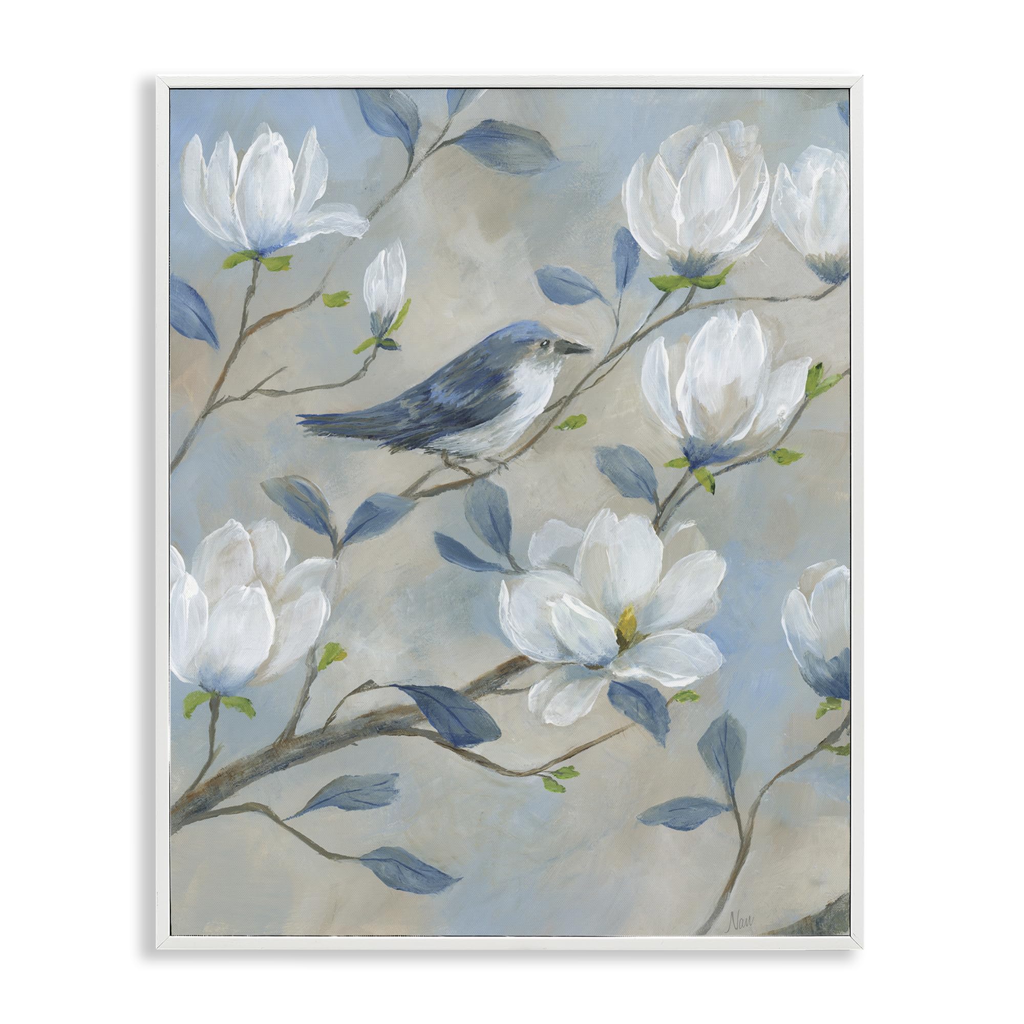 Stupell Industries Blue Bird Magnolia Blossom 'Blue Bird & Magnolia', Framed Giclee Art, White, 16 X 20 Inches, Easy To Hang And Sturdy, Made In Usa, By Nan