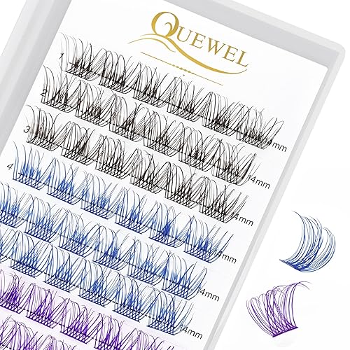 QUEWEL Pestañas coloridas en grupo con raíz ancha, rizo CD, 12-16 milímetros, con mezcla de marrón, azul, morado, verde, rojo, en estilos natural y