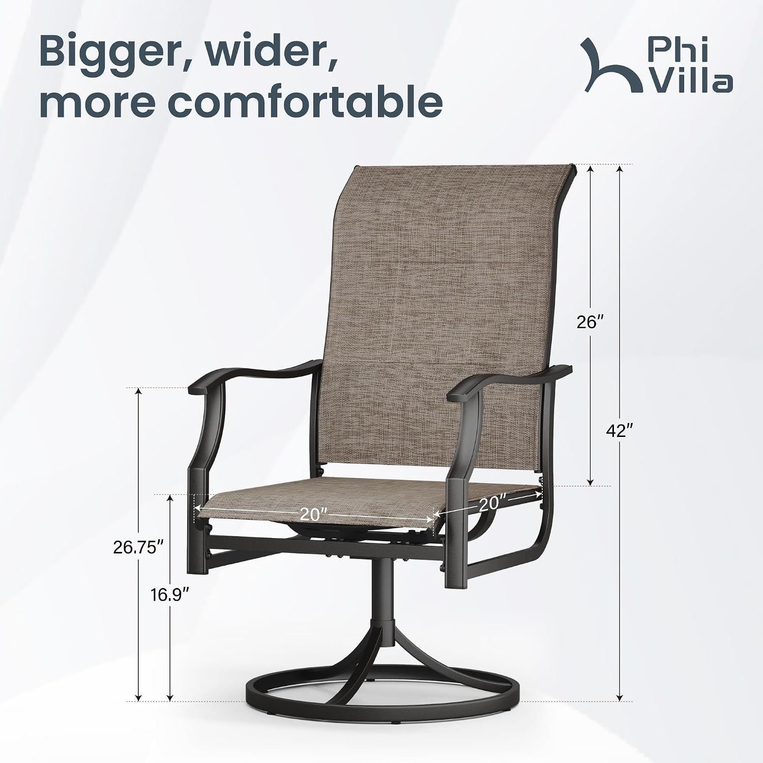 PHI VILLA Swivel Patio Chair Set of 2, 42" High Back Outdoor Chairs with Padded Fabric & E-Coating Frame, All Weather-Resistant for Deck Lawn Garden