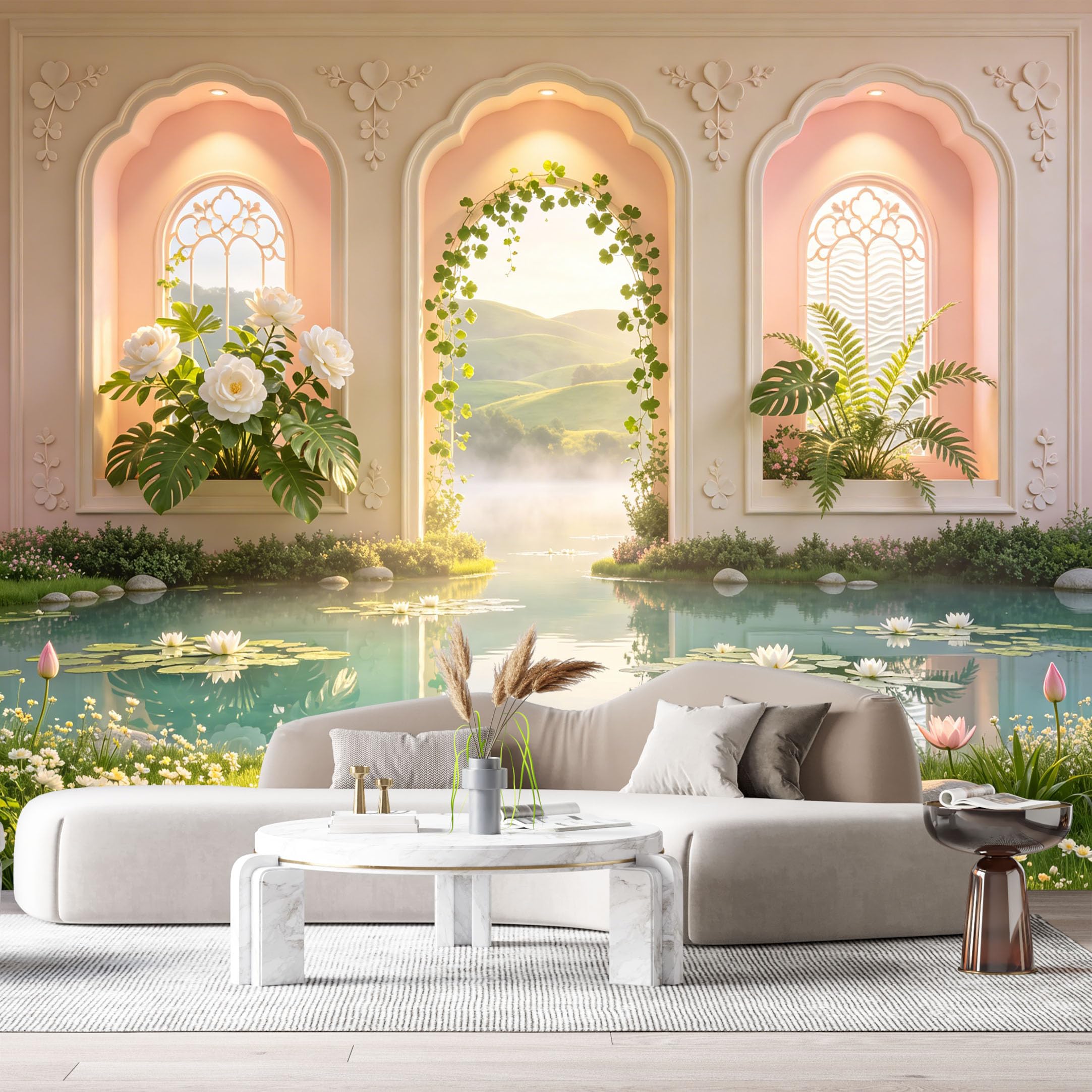 Custom Size Wall Murals Botanical Garden Archway Water Lily Pond 3D Trompe L’oeil SelfAdhesive Wall Fabric Removable Large Wallpaper for Photo Living Room