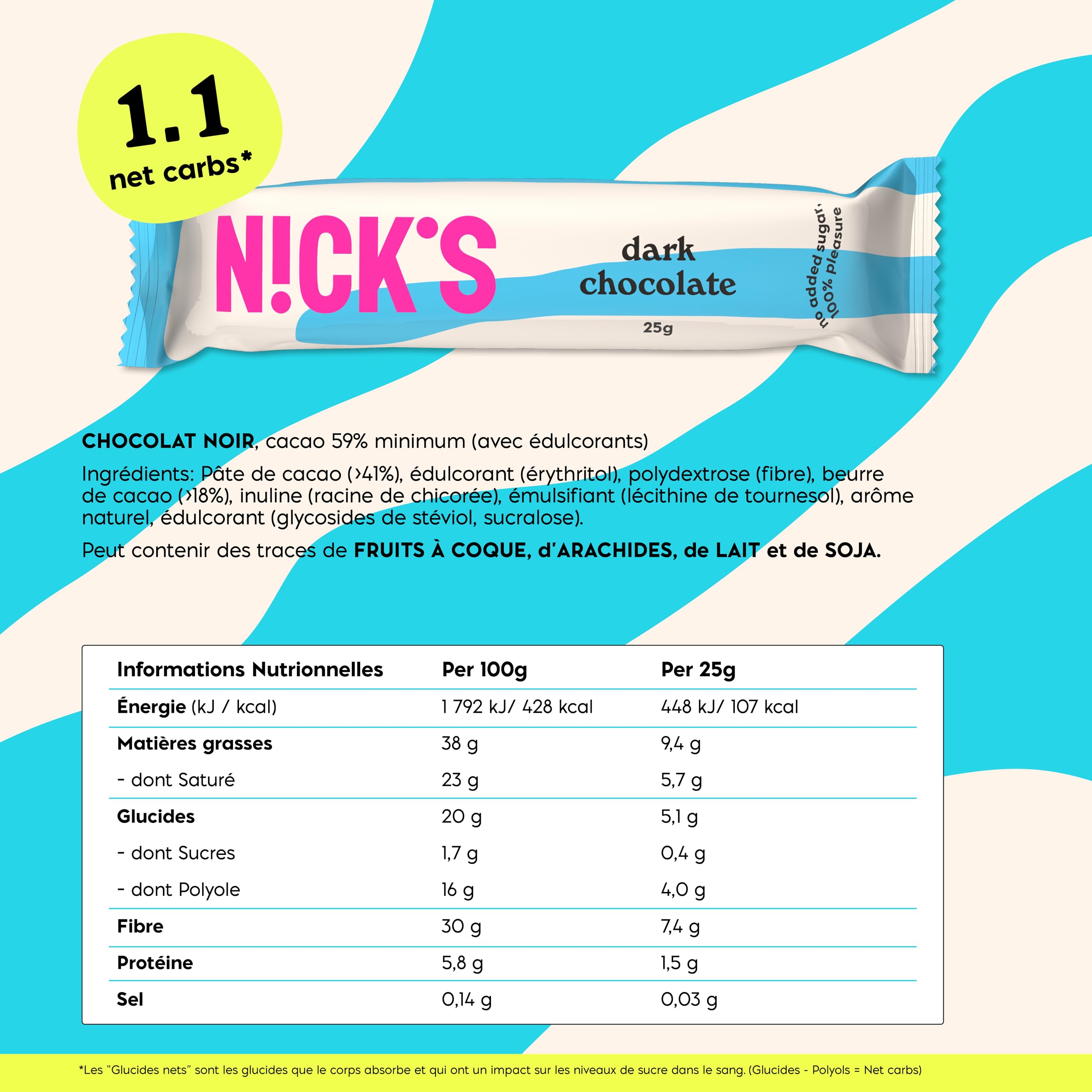 NICKS Barre Keto Chocolat Noir Sans Sucre Ajouté, Vegan, Sans Gluten, Sans Huile De Palme, Low carb |107 kcal,1g Net carbs (15 x 25g)