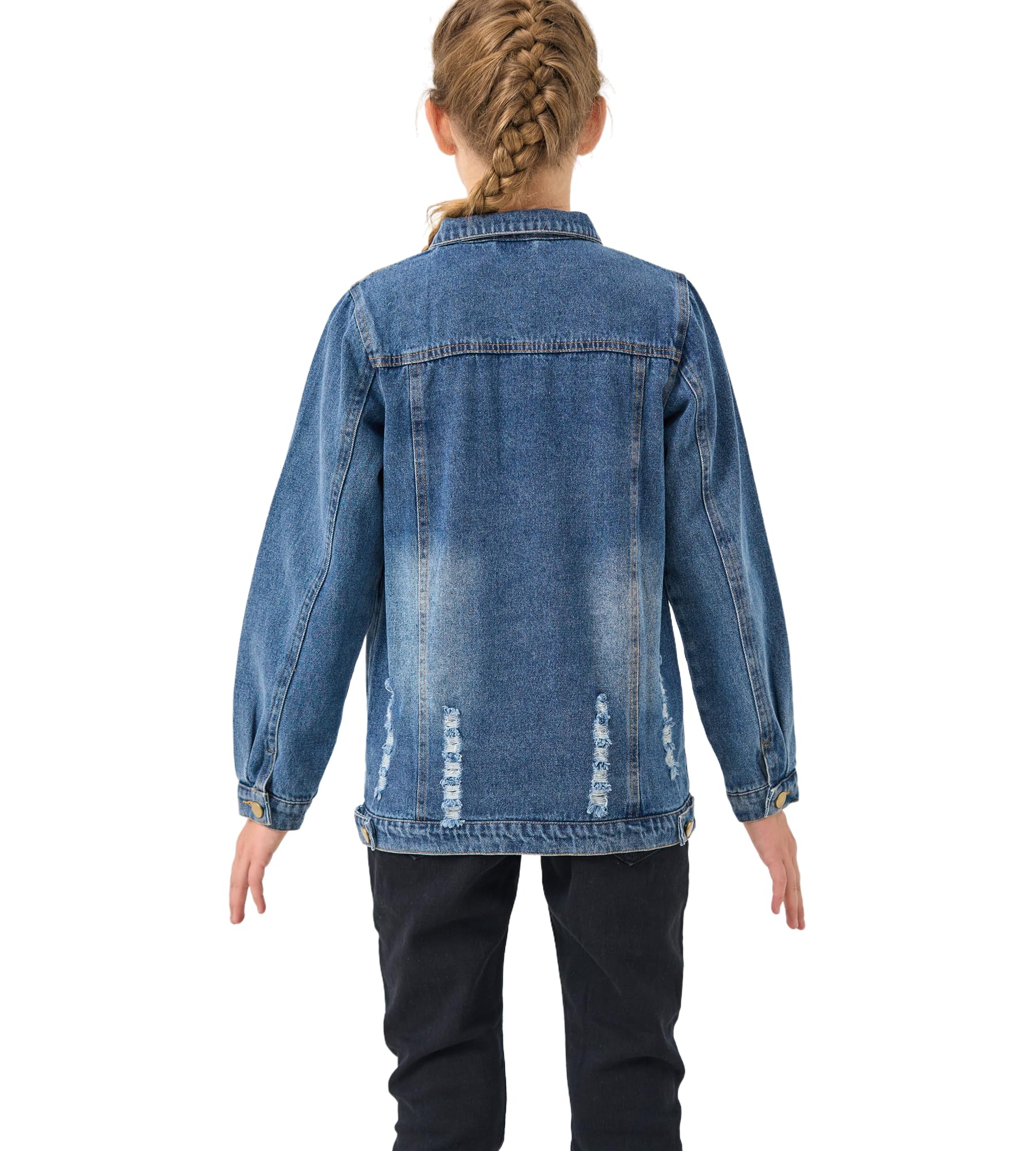 Giacca jeans e giaccone denim per ragazzi e ragazze, completati da top trendy. Abbigliamento strappato blu per teenager 5-14 anni.