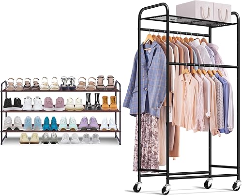 Miniatura 1 de AOODA Zapatero largo de 3 niveles para armario, estante ancho apilable para zapatos, estantes largos de doble barra para colgar ropa, paquete de 2