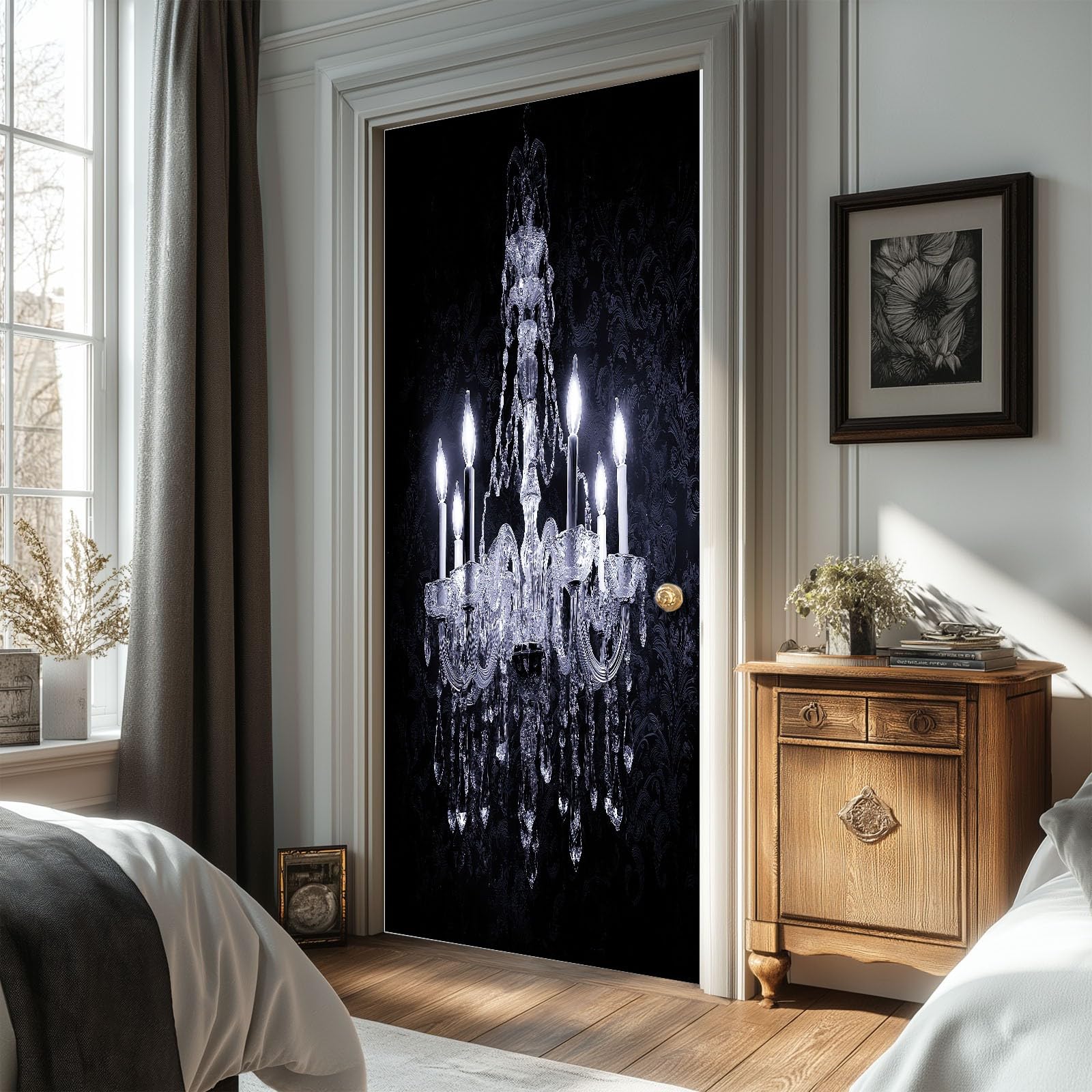 Tapeta na drzwi 3D, samoprzylepna, kryształowy żyrandol ze świecą, plakat na drzwi, sztuka fantasy, naklejka na drzwi, wodoszczelna, zdejmowana folia na drzwi, fototapeta, salon, sypialnia, łazienka