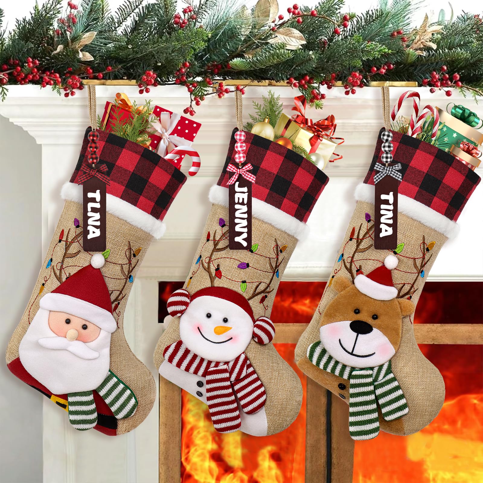 LucaSng - Calze natalizie, 3 confezioni da 45,7 cm, grandi calze natalizie, Babbo Natale in 3D per caramelle, decorazioni natalizie e accessori per feste per albero di Natale, camino, decorazione