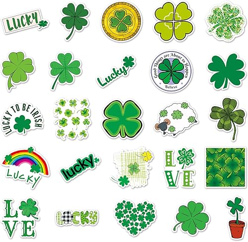 Miniatura 7 de FAMYGFT Calcomanías del día de San Patricio para niños y adultos 50 calcomanías de trébol impermeables 4 hojas calcomanías de trébol etiquetas de