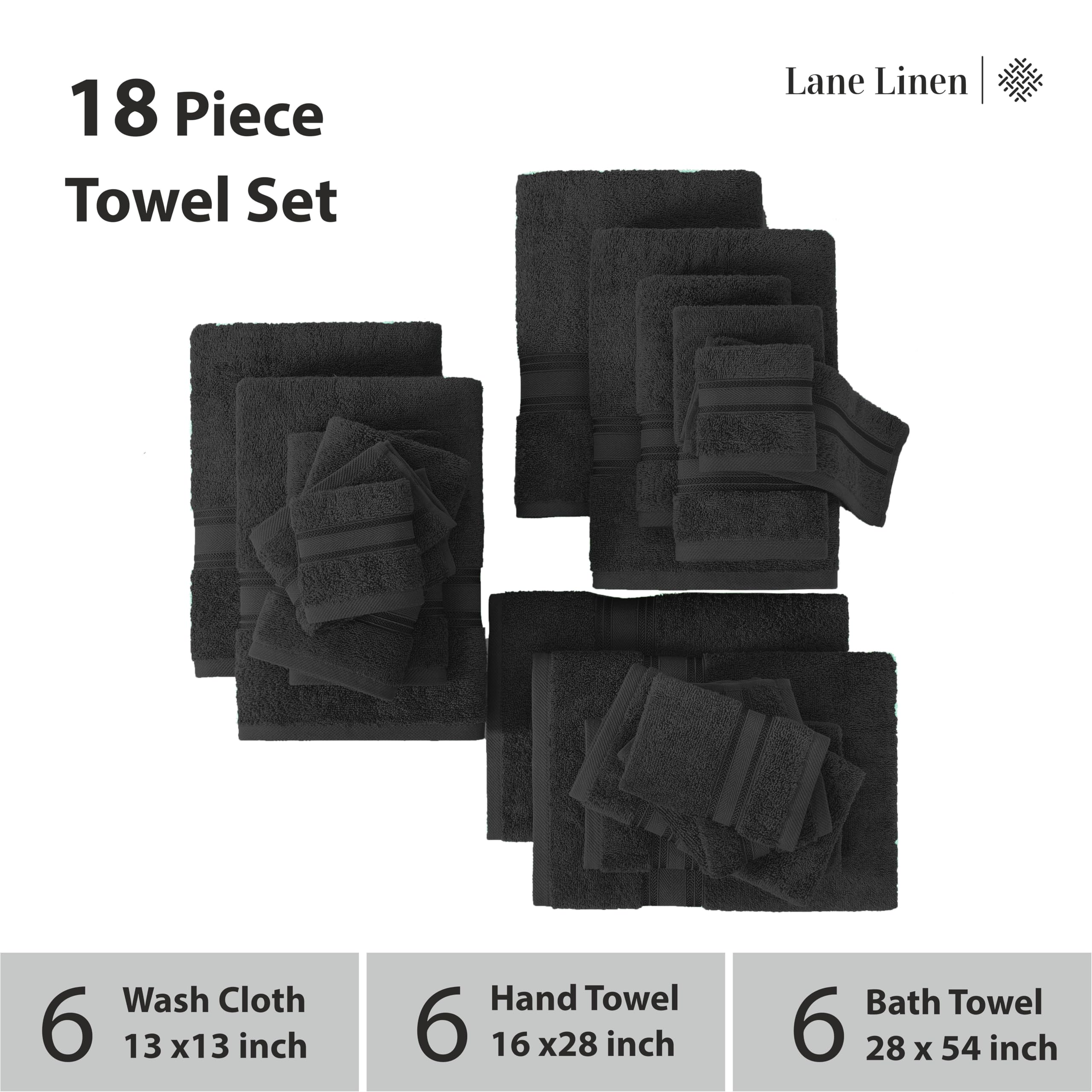 LANE LINEN Luksusowy zestaw ręczników kąpielowych, 100% bawełna, zero twist, szybkoschnący, bardzo miękki ręcznik kąpielowy, 6 ręczników kąpielowych, 6 ręczników do rąk, 6 ściereczek do mycia - czarny