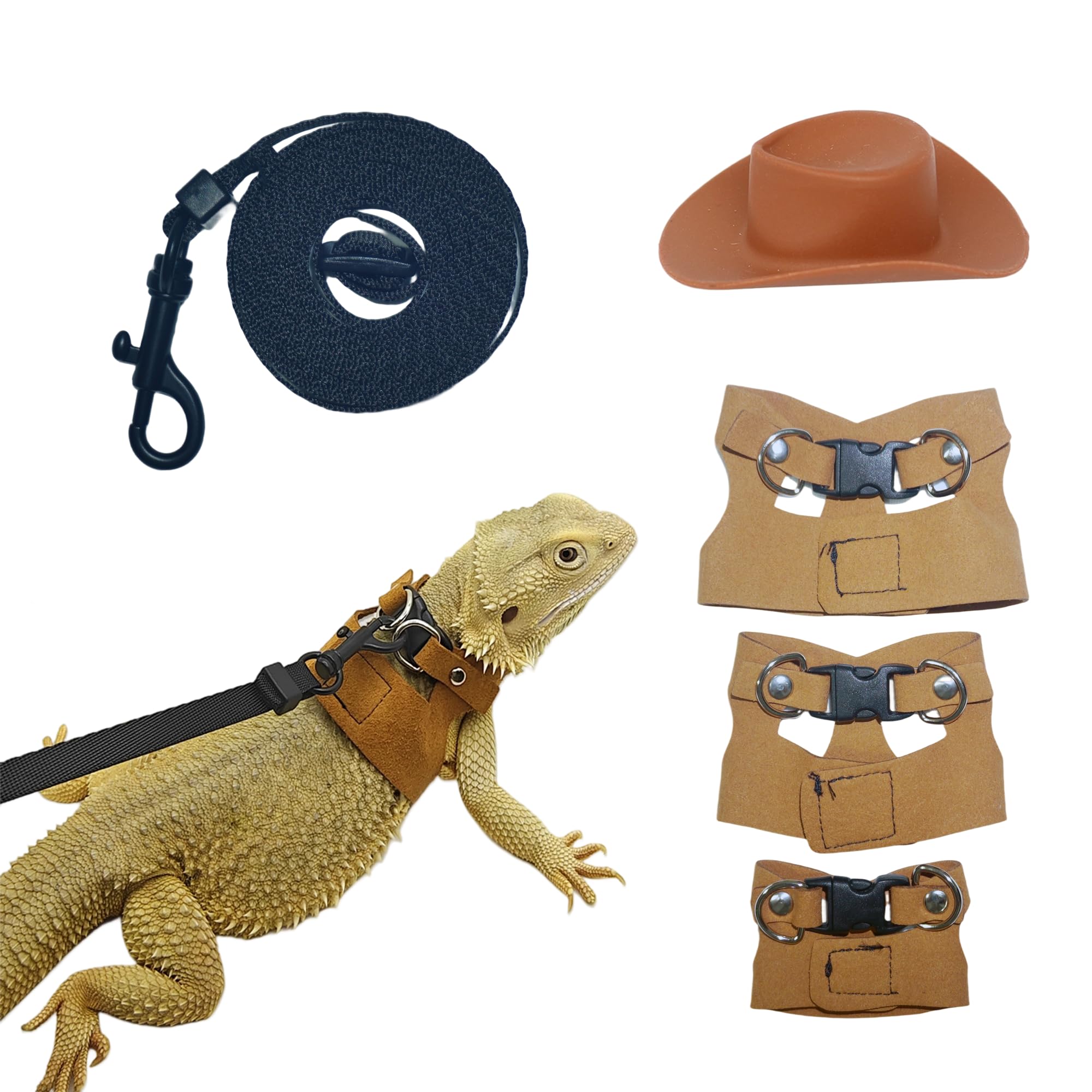 Reptile Pets Leash Harness Set with Jackets and a Hat for Bearded Dragon Lizard, Leopard Gecko and Other Small Animal Pets, Outdoor Play