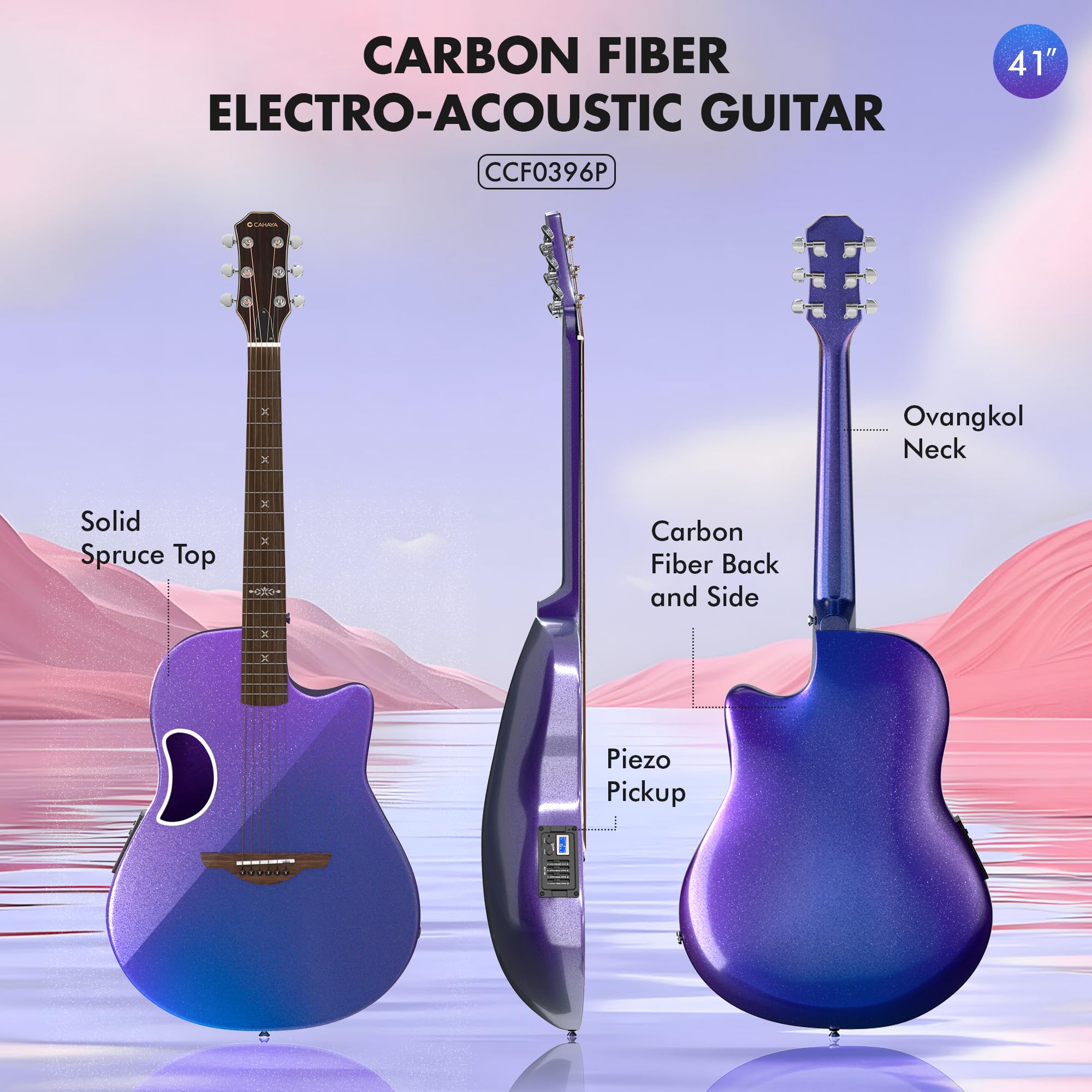 CAHAYA Chitarra Elettro-Acustica 41 Pollici: Fibra di Carbonio con Finitura Sfuma Blu-Viola Elegante, Tavola in Abete, Pickup Piezo Integrato, Perfetta per Viaggio e Palco (CCF0396P)